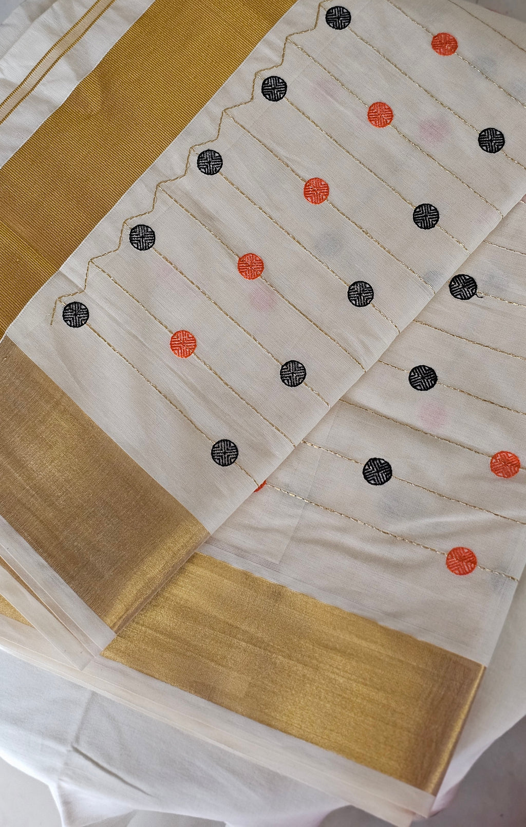 Black & orange embroidered motifs gold kasavu saree - KM 415