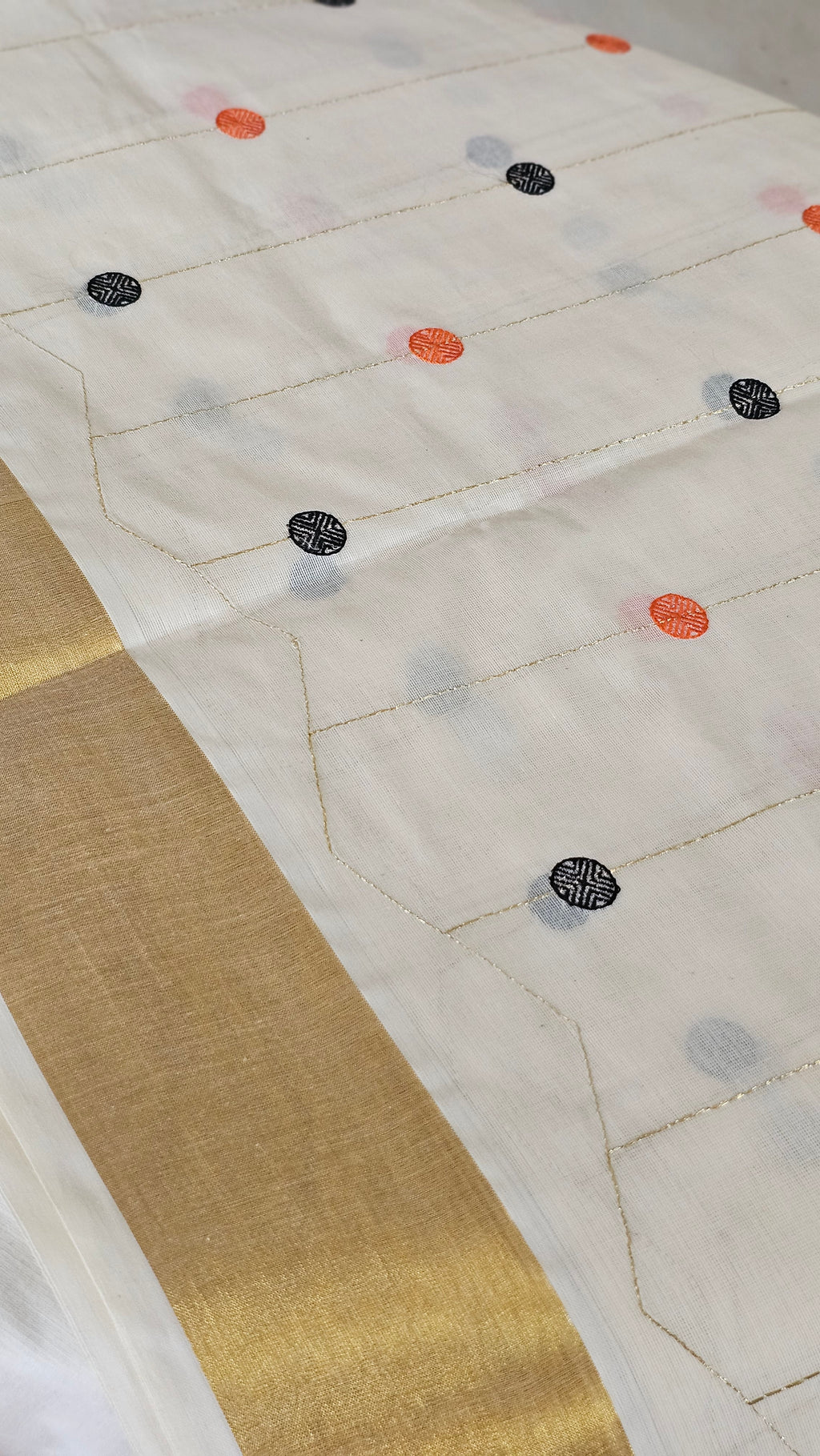 Black & orange embroidered motifs gold kasavu saree - KM 415