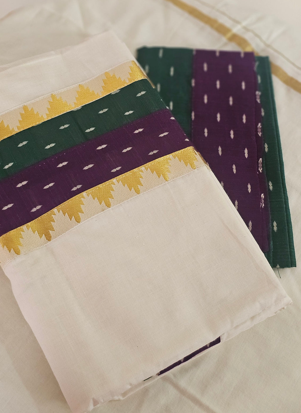 Purple & green border with temple design kasavu saree - KM 417