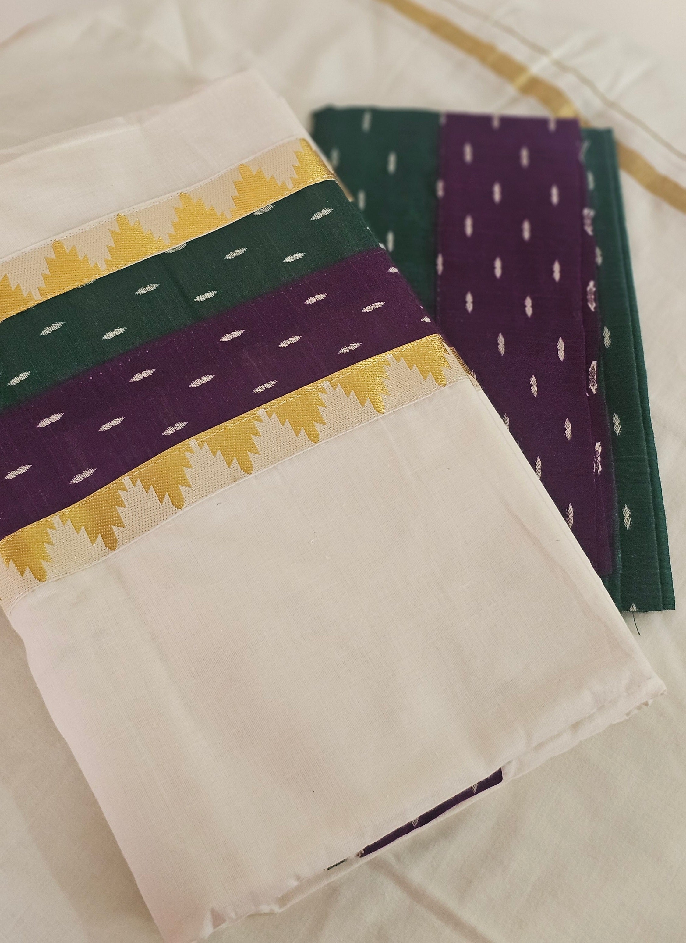 Purple & green border with temple design kasavu saree - KM 417