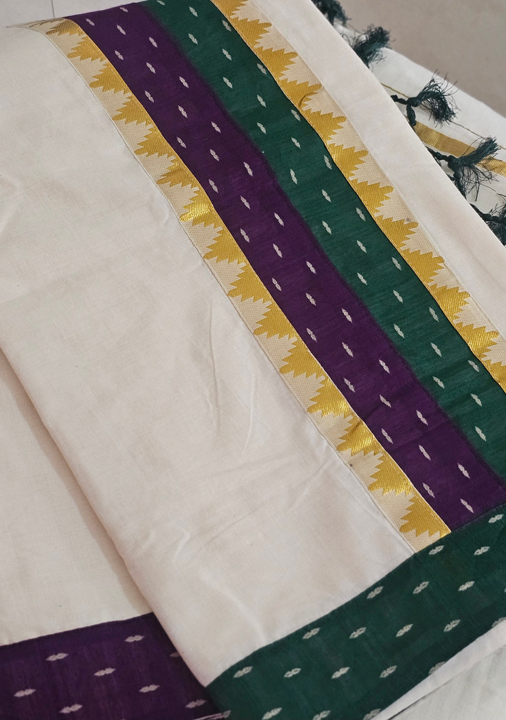 Purple & green border with temple design kasavu saree - KM 417