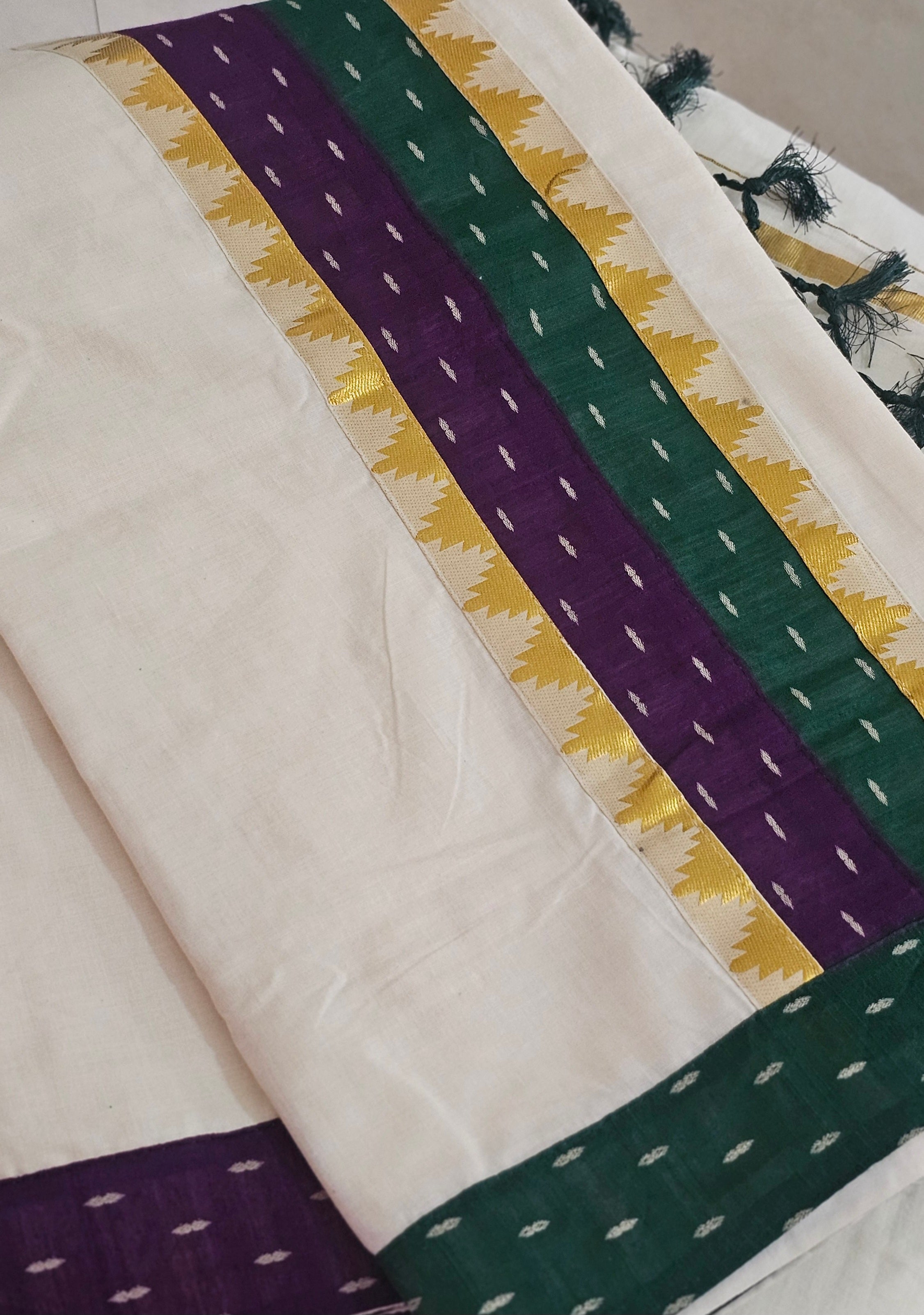 Purple & green border with temple design kasavu saree - KM 417