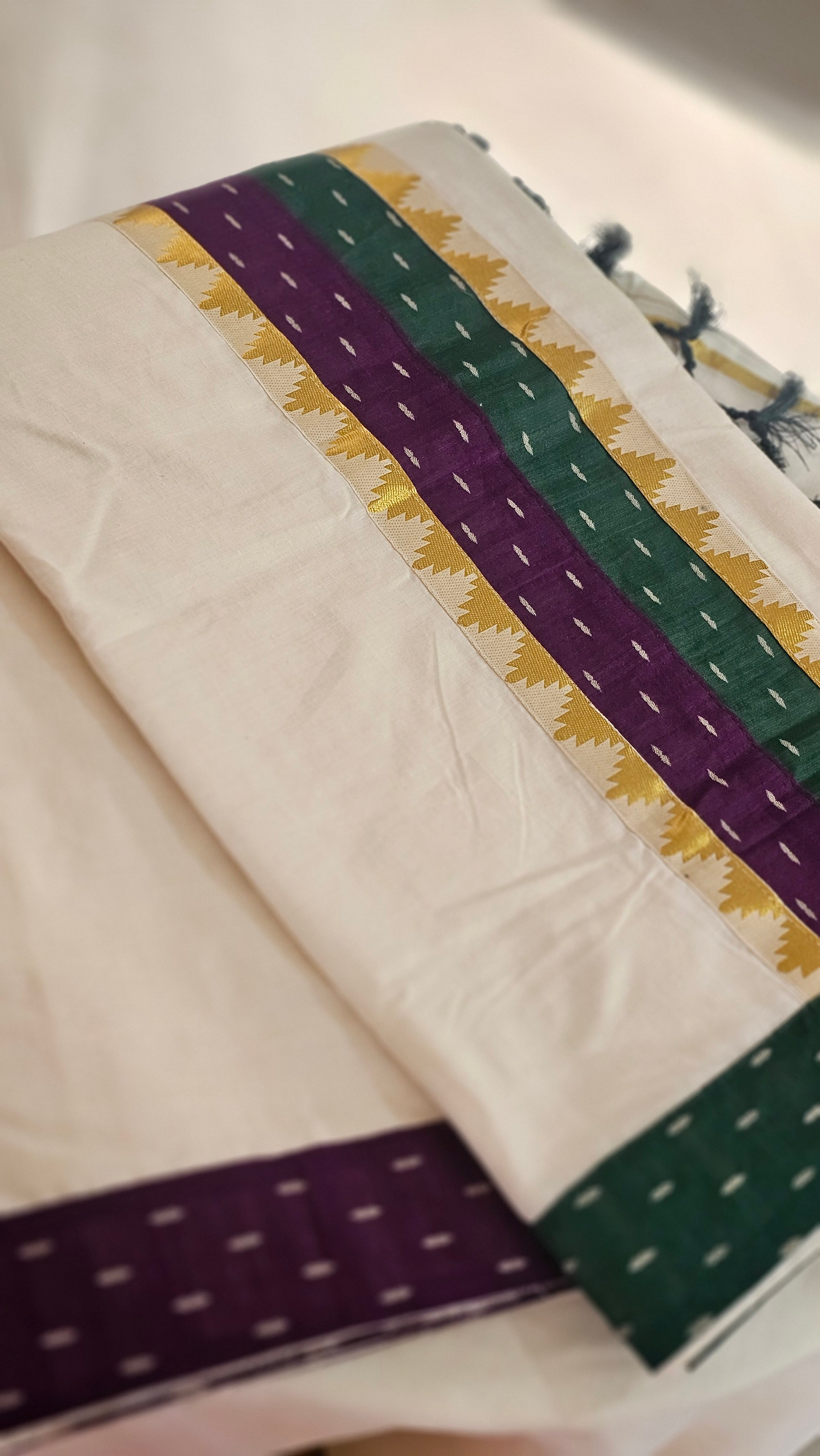 Purple & green border with temple design kasavu saree - KM 417