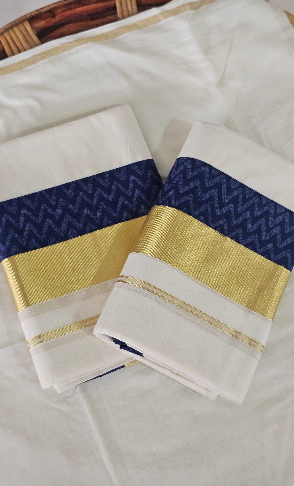 Indigo zigzag border gold Kasavu set mundu with blouse - KM 406