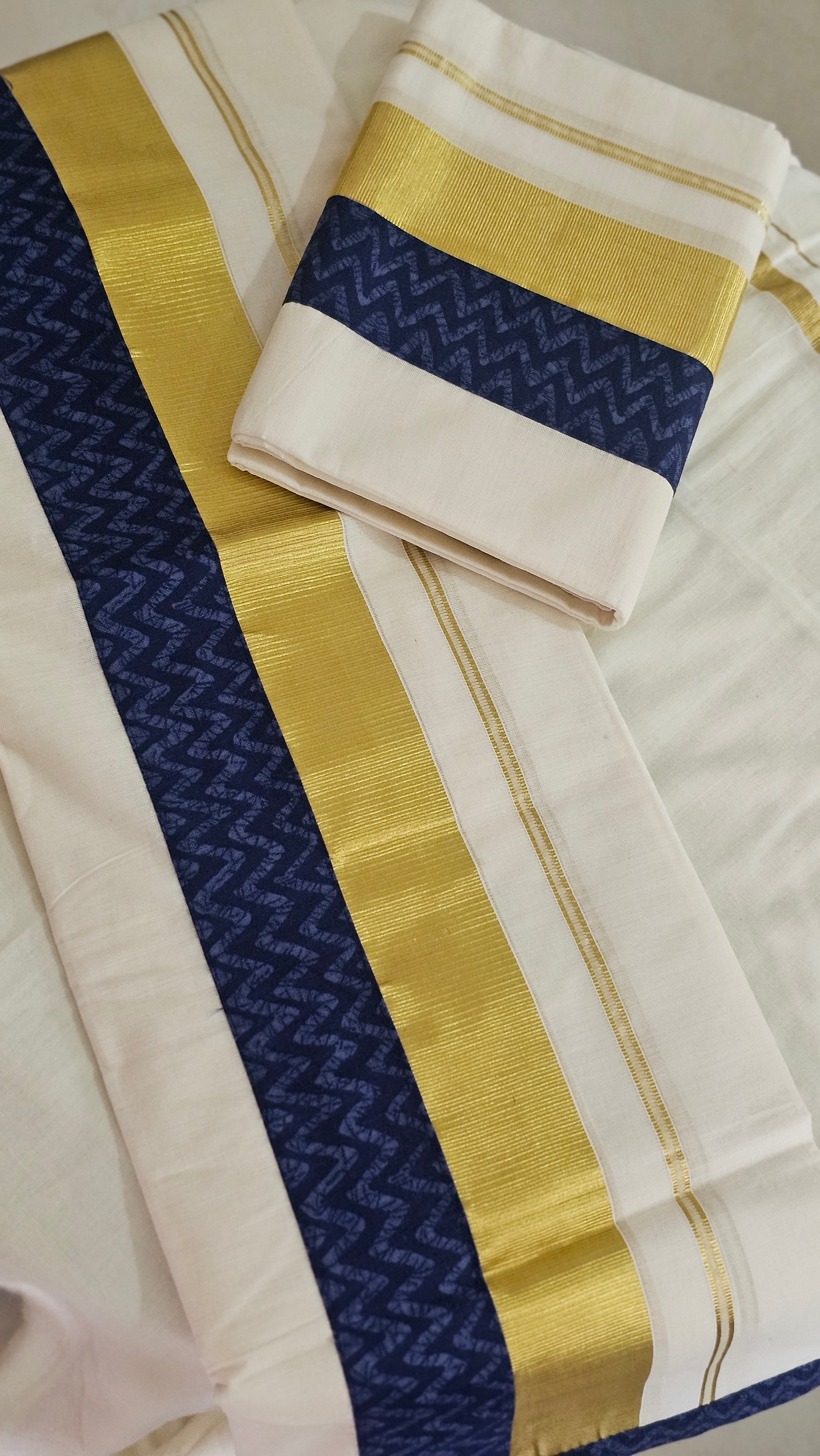 Indigo zigzag border gold Kasavu set mundu with blouse - KM 406