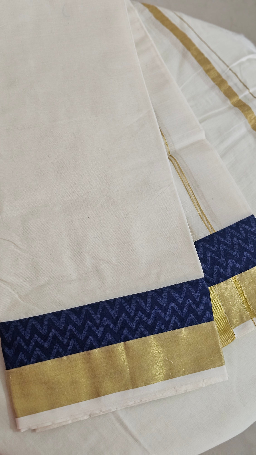 Indigo zigzag border gold Kasavu set mundu with blouse - KM 406