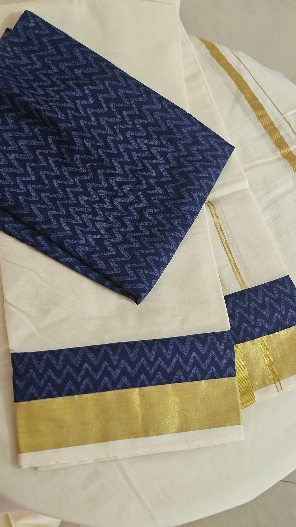 Indigo zigzag border gold Kasavu set mundu with blouse - KM 406