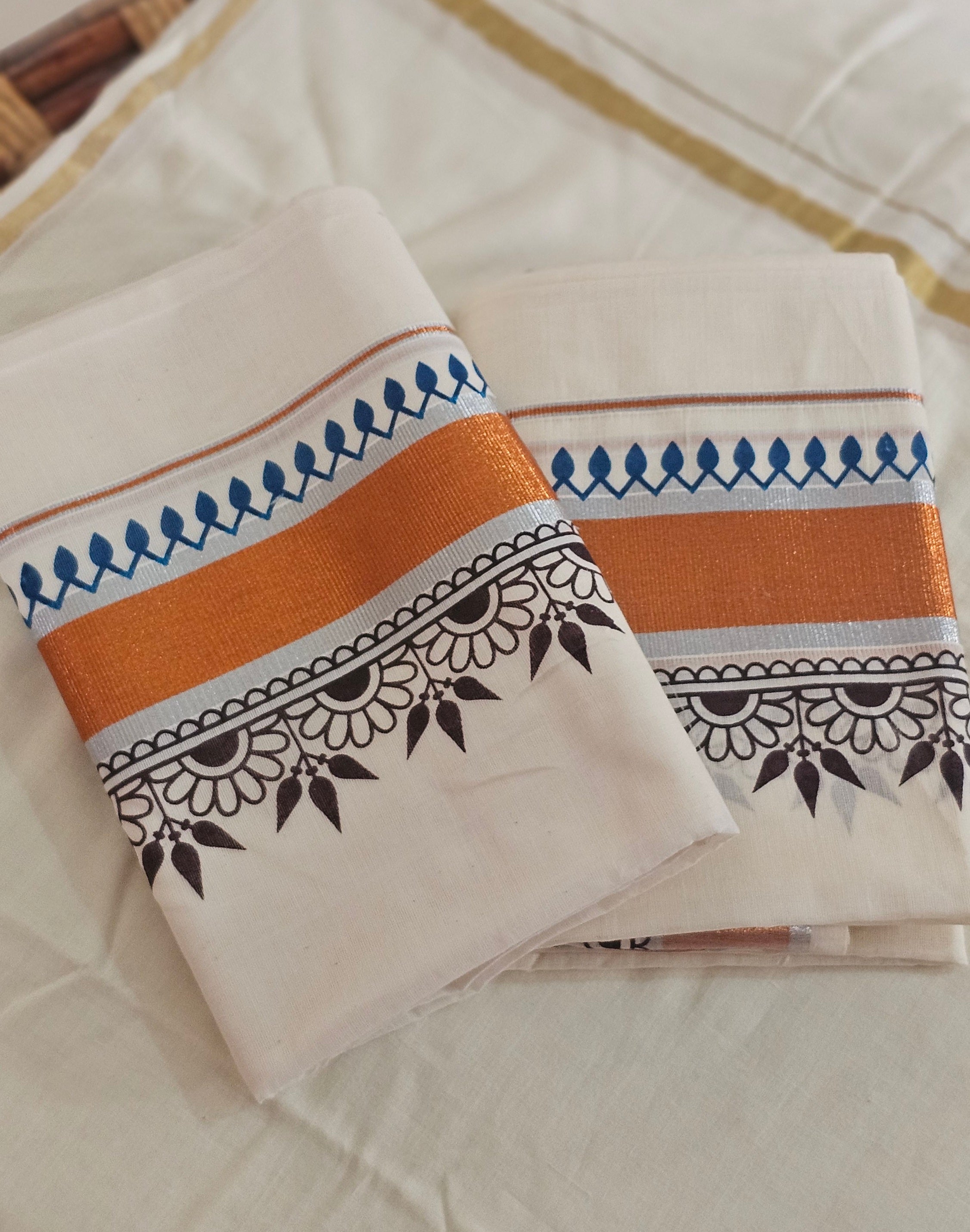 Copper & silver Kasavu set mundu with digital prints - KM 403