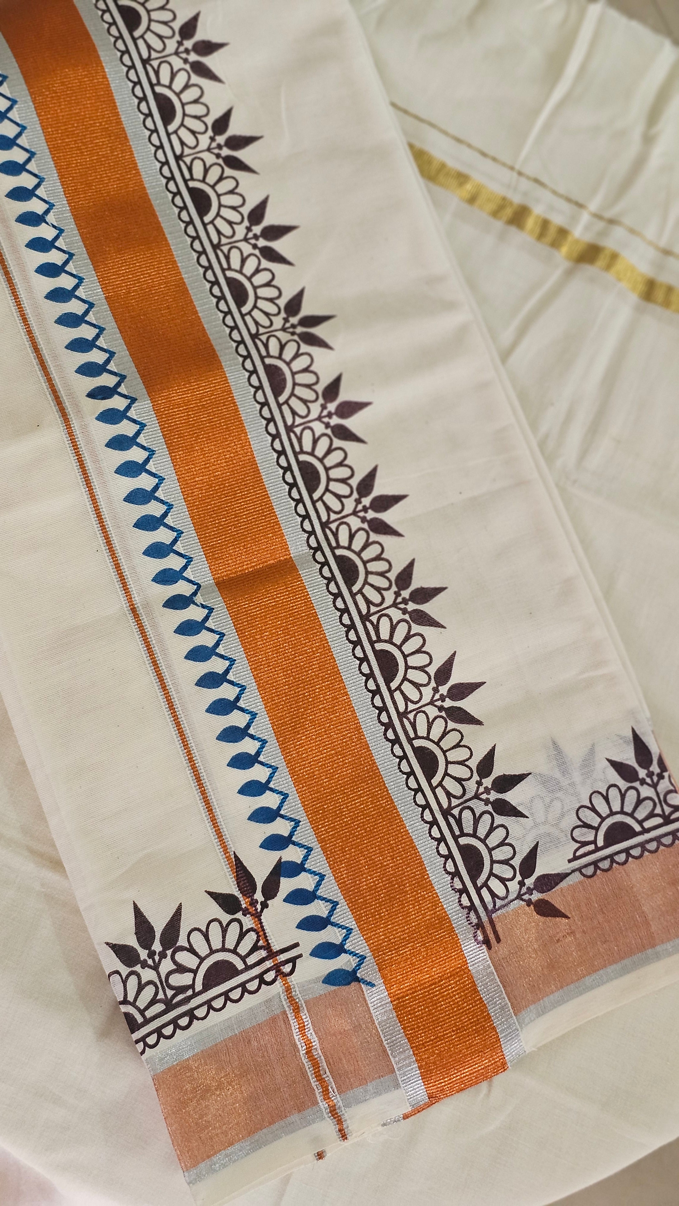 Copper & silver Kasavu set mundu with digital prints - KM 403