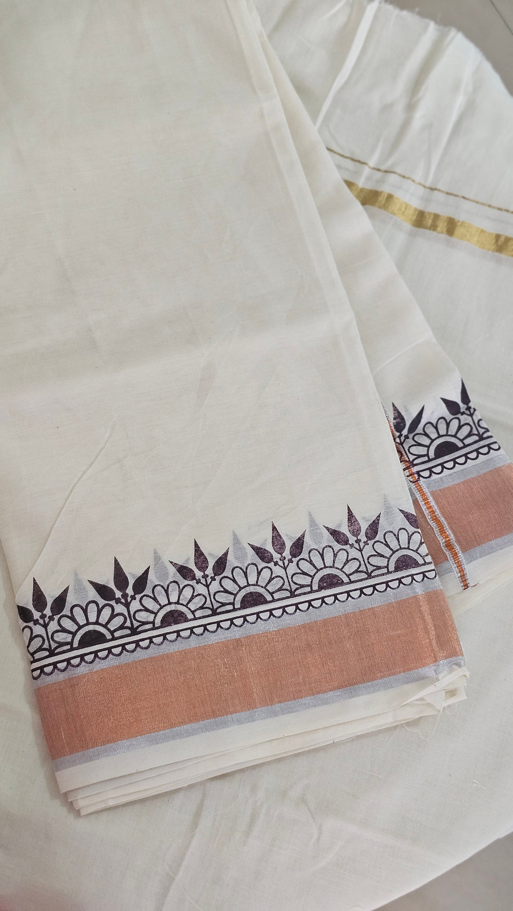Copper & silver Kasavu set mundu with digital prints - KM 403