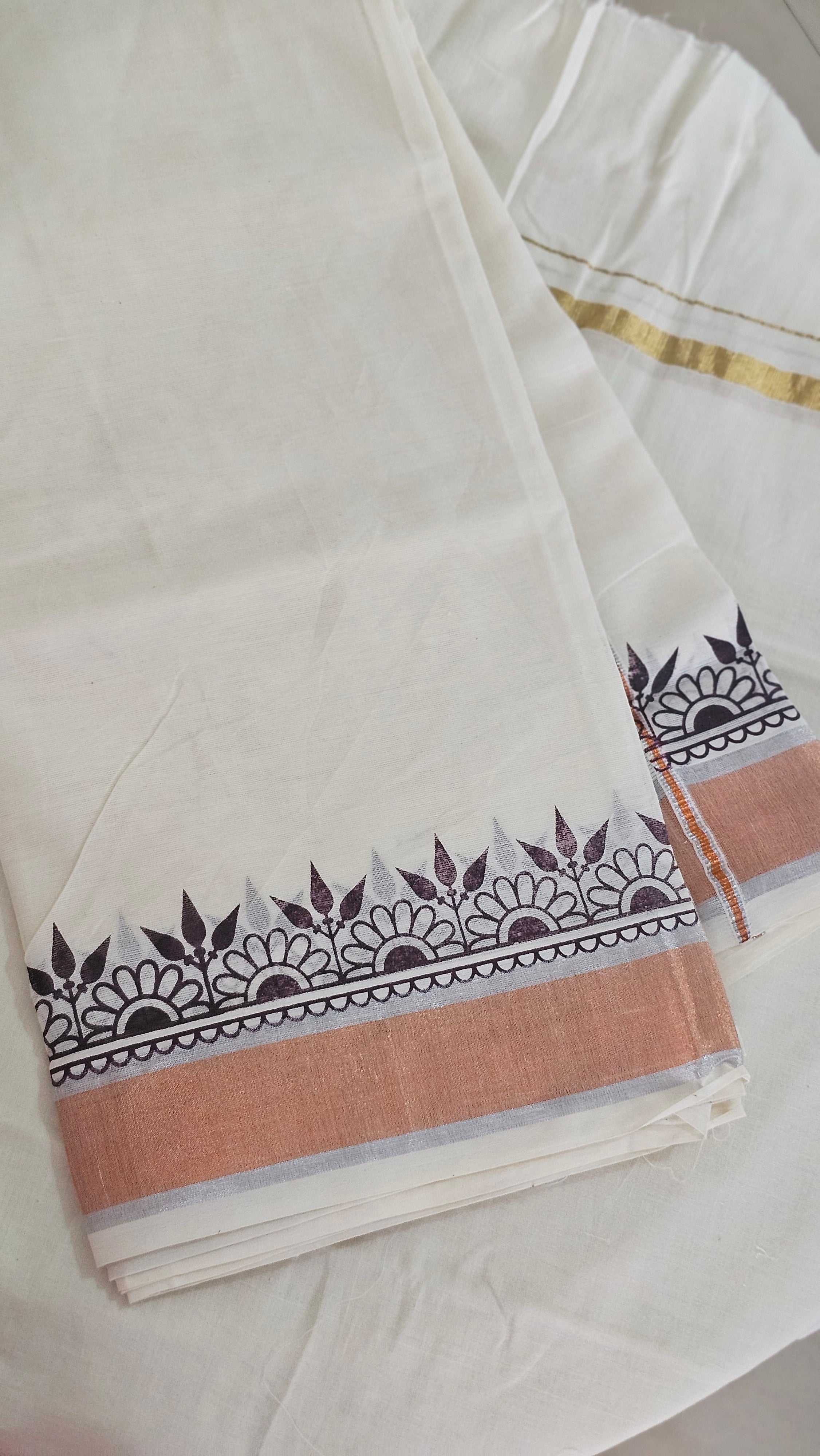Copper & silver Kasavu set mundu with digital prints - KM 403
