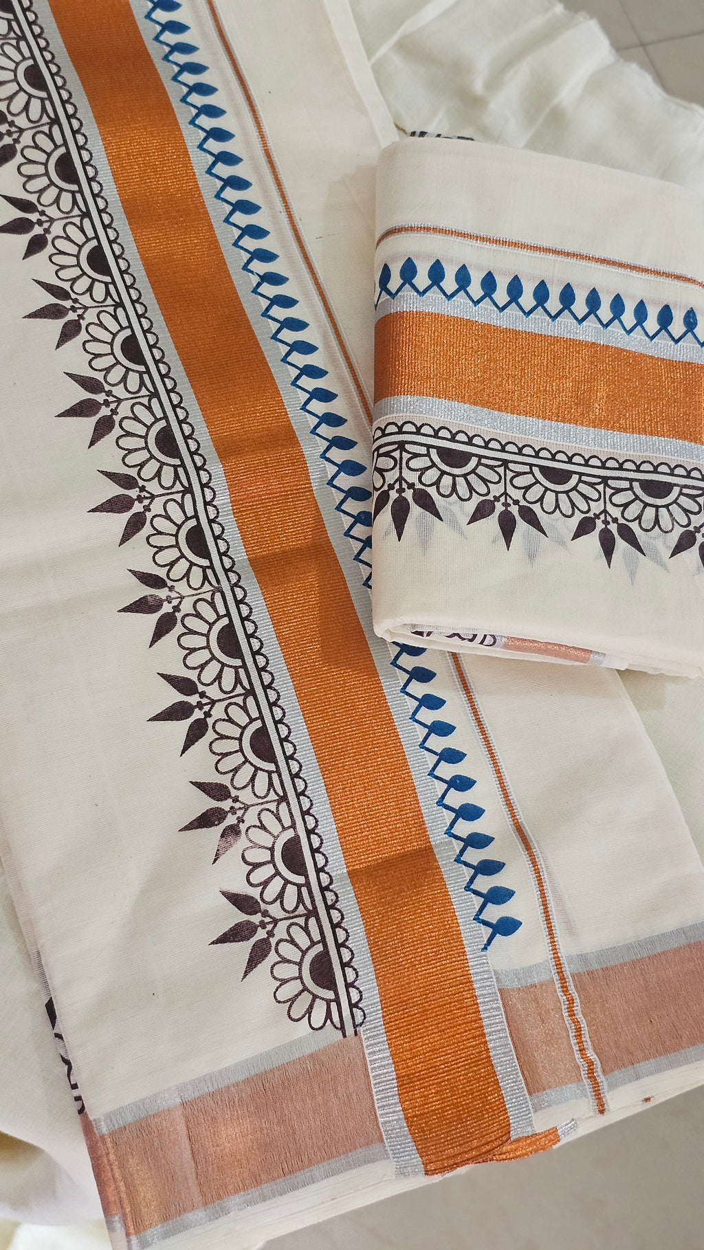 Copper & silver Kasavu set mundu with digital prints - KM 403