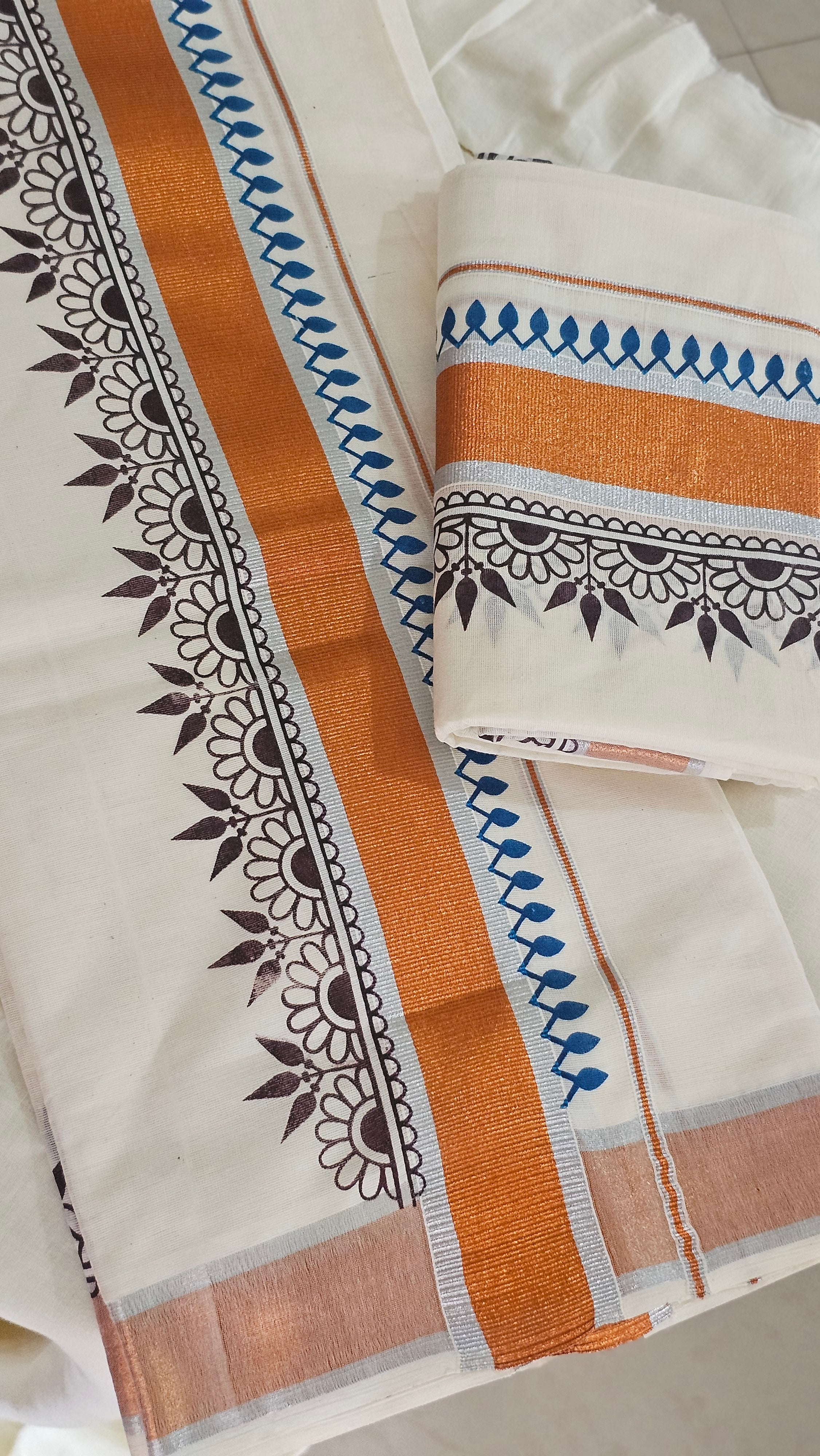 Copper & silver Kasavu set mundu with digital prints - KM 403