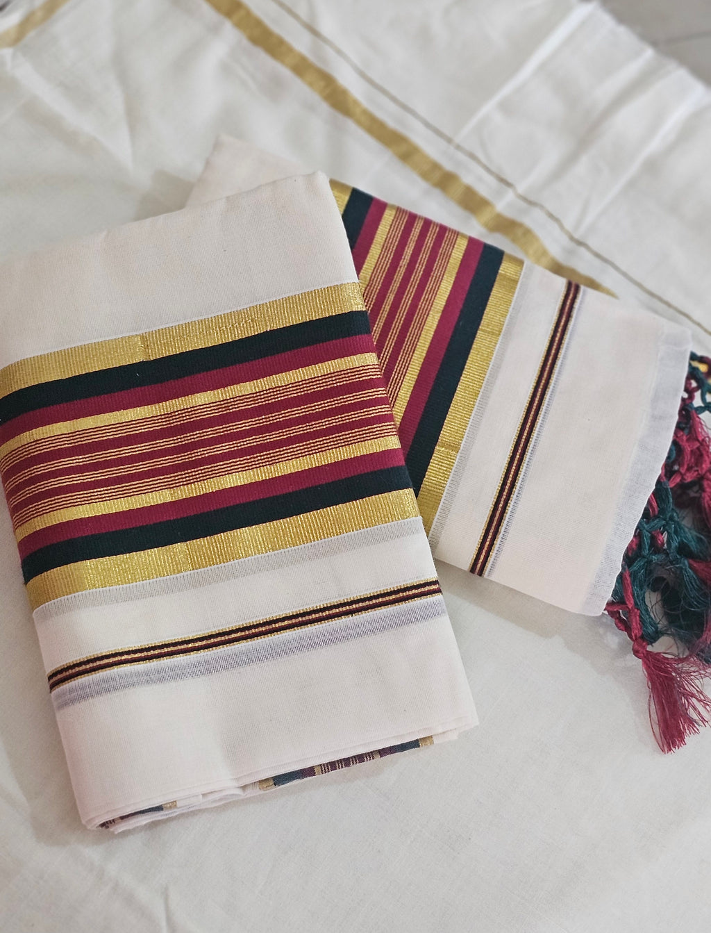 Red & green border gold Kasavu set mundu - KM 407