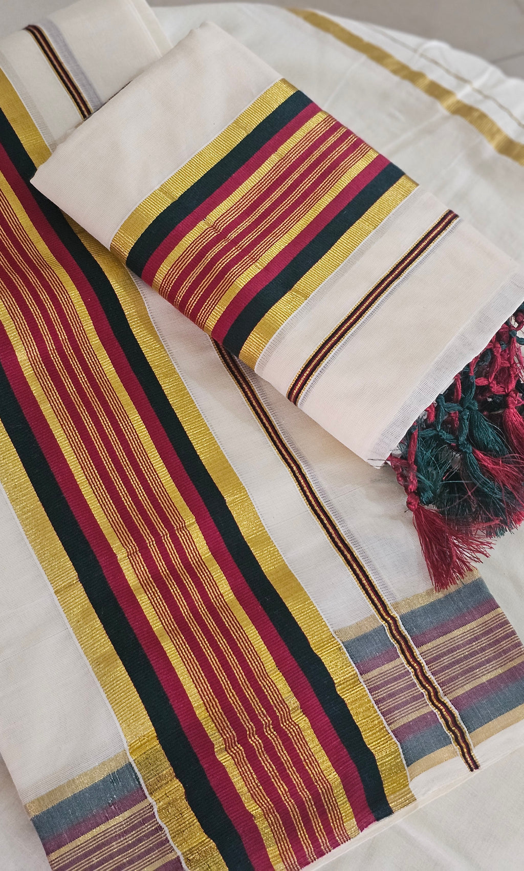 Red & green border gold Kasavu set mundu - KM 407