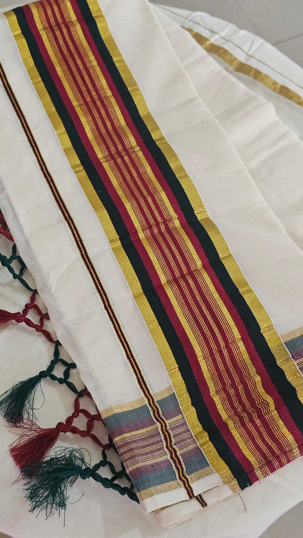 Red & green border gold Kasavu set mundu - KM 407