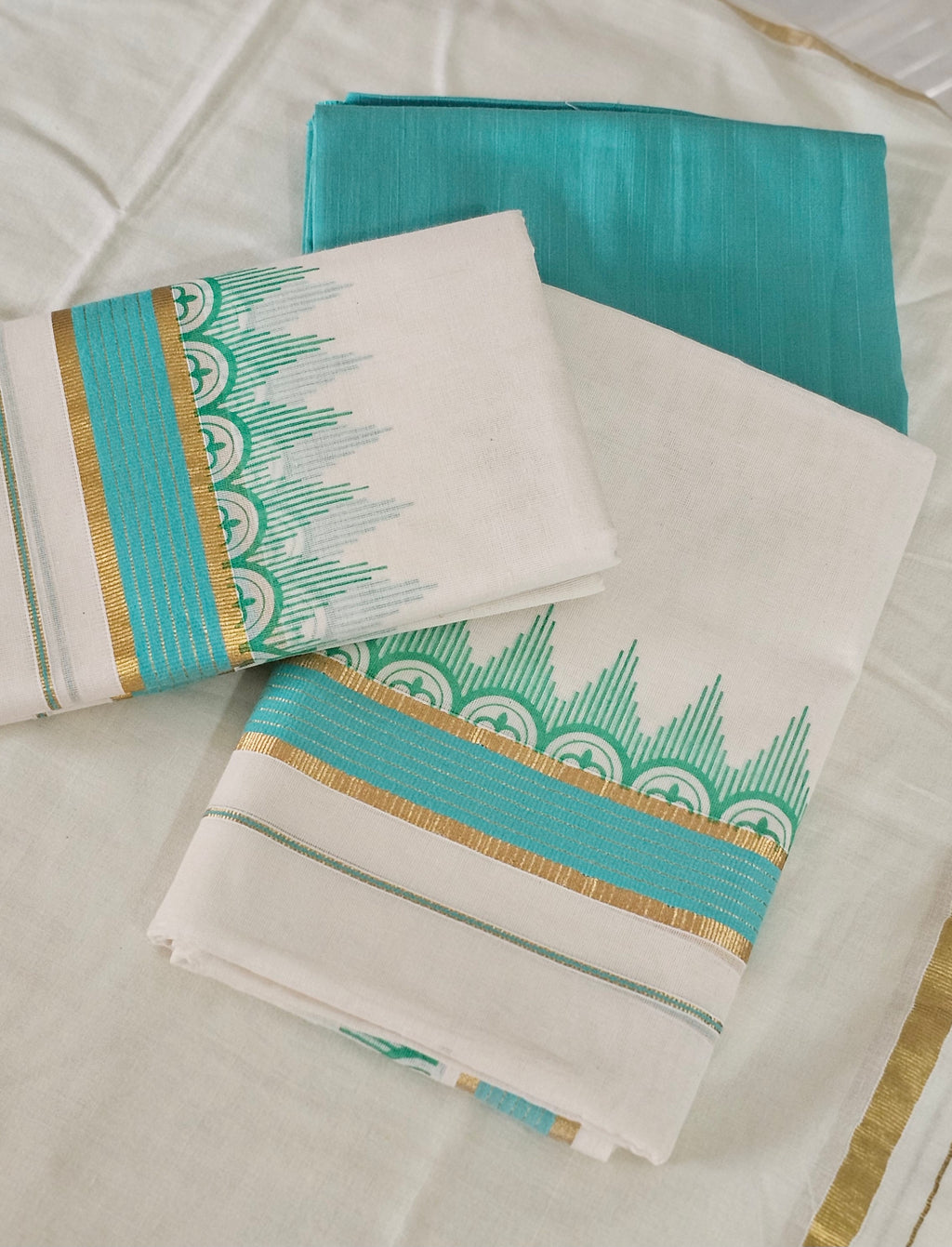 Teal printed set mundu with blouse - KM 405