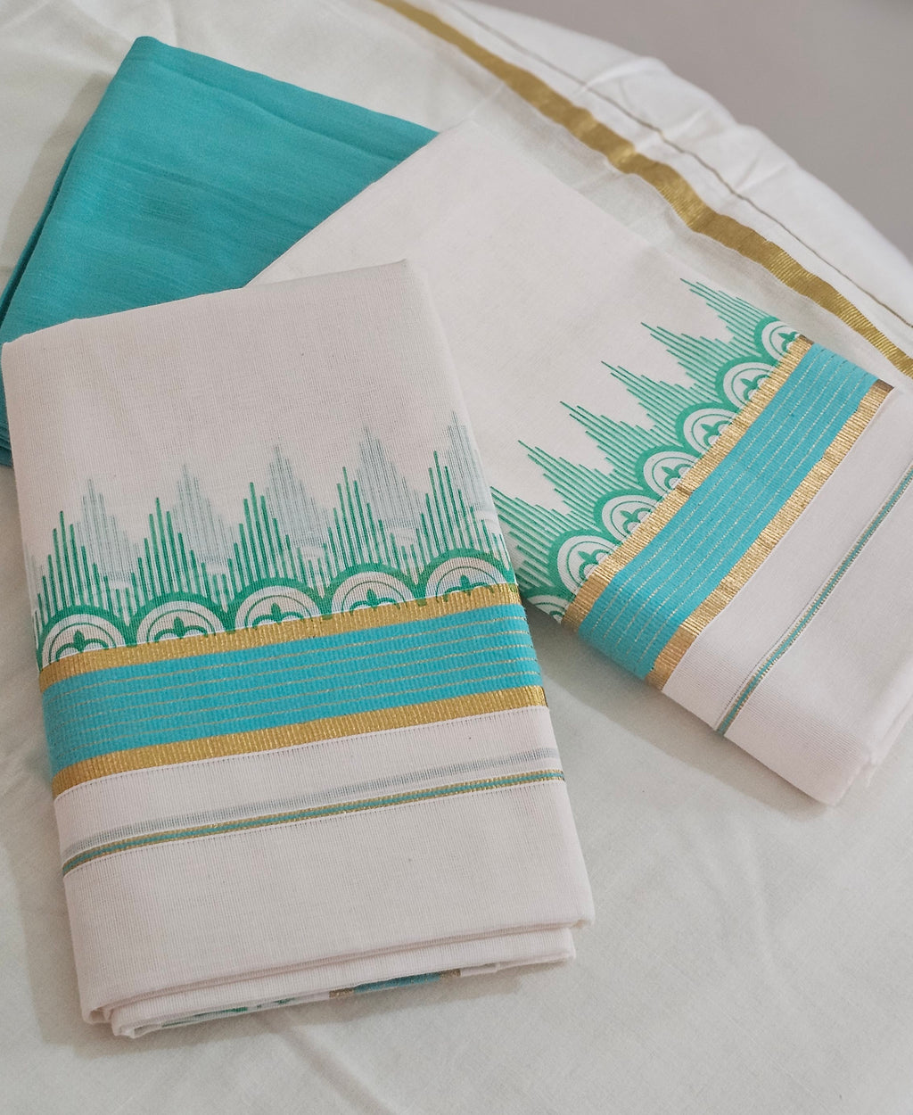 Teal printed set mundu with blouse - KM 405