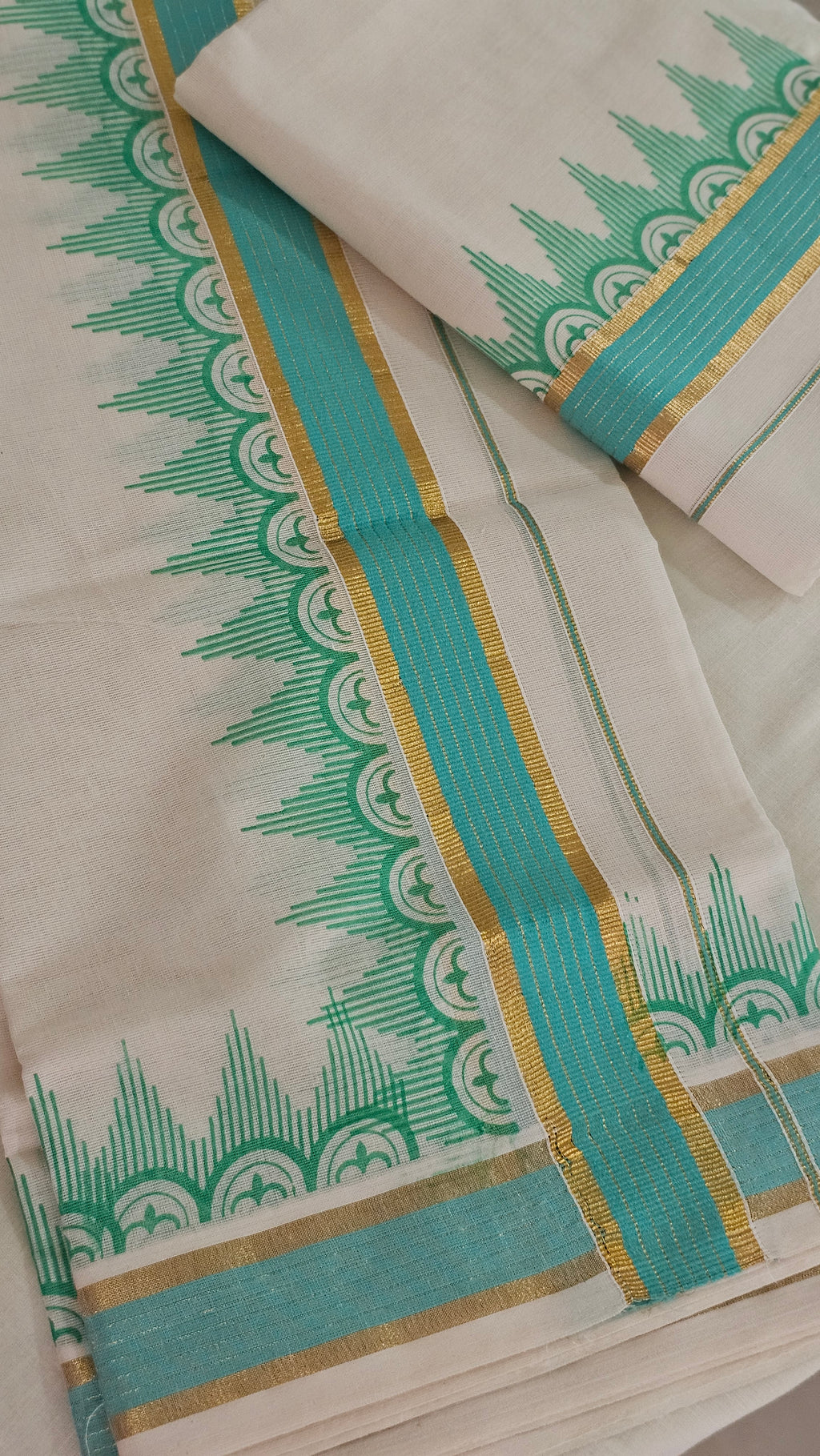 Teal printed set mundu with blouse - KM 405