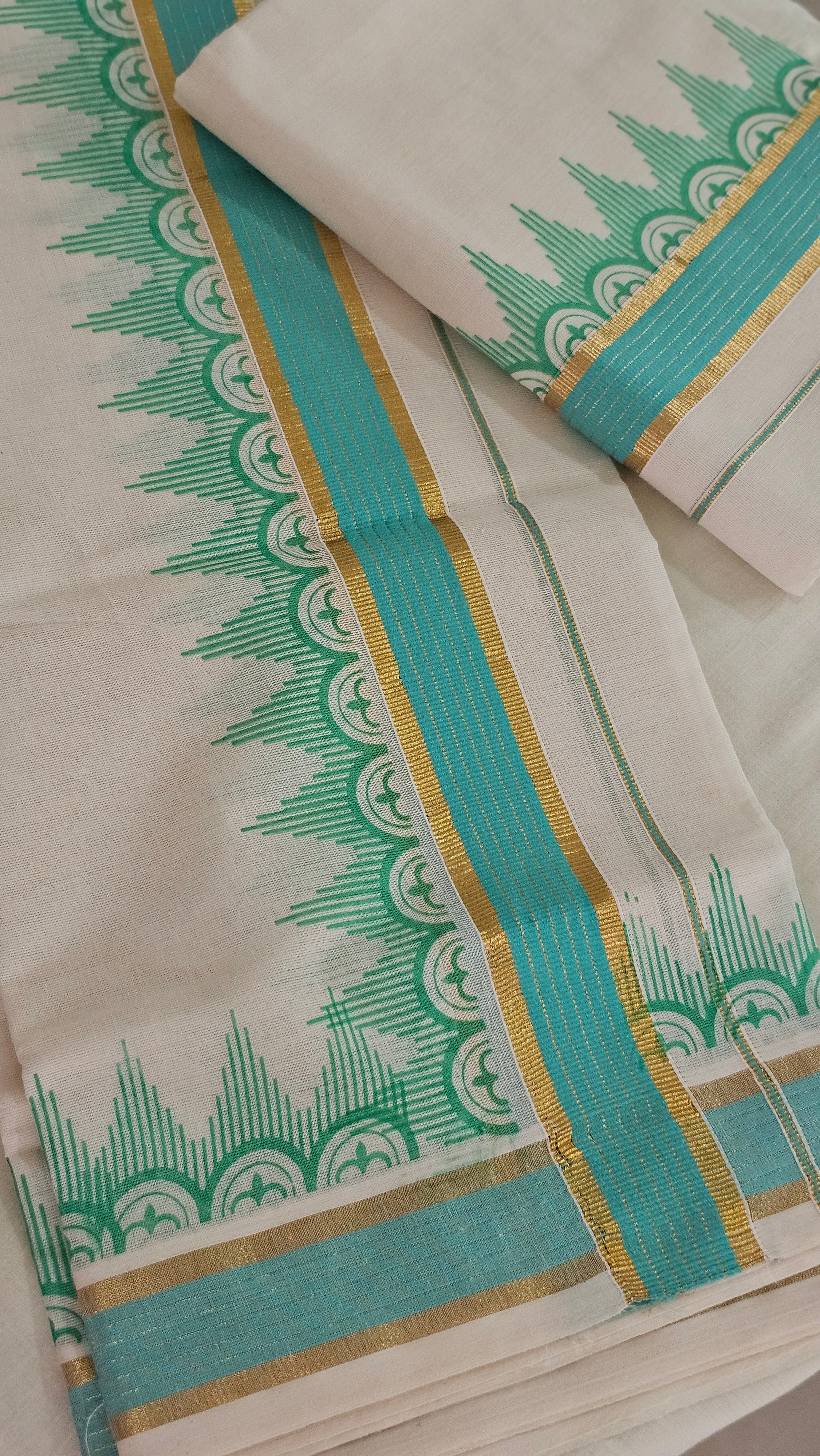 Teal printed set mundu with blouse - KM 405