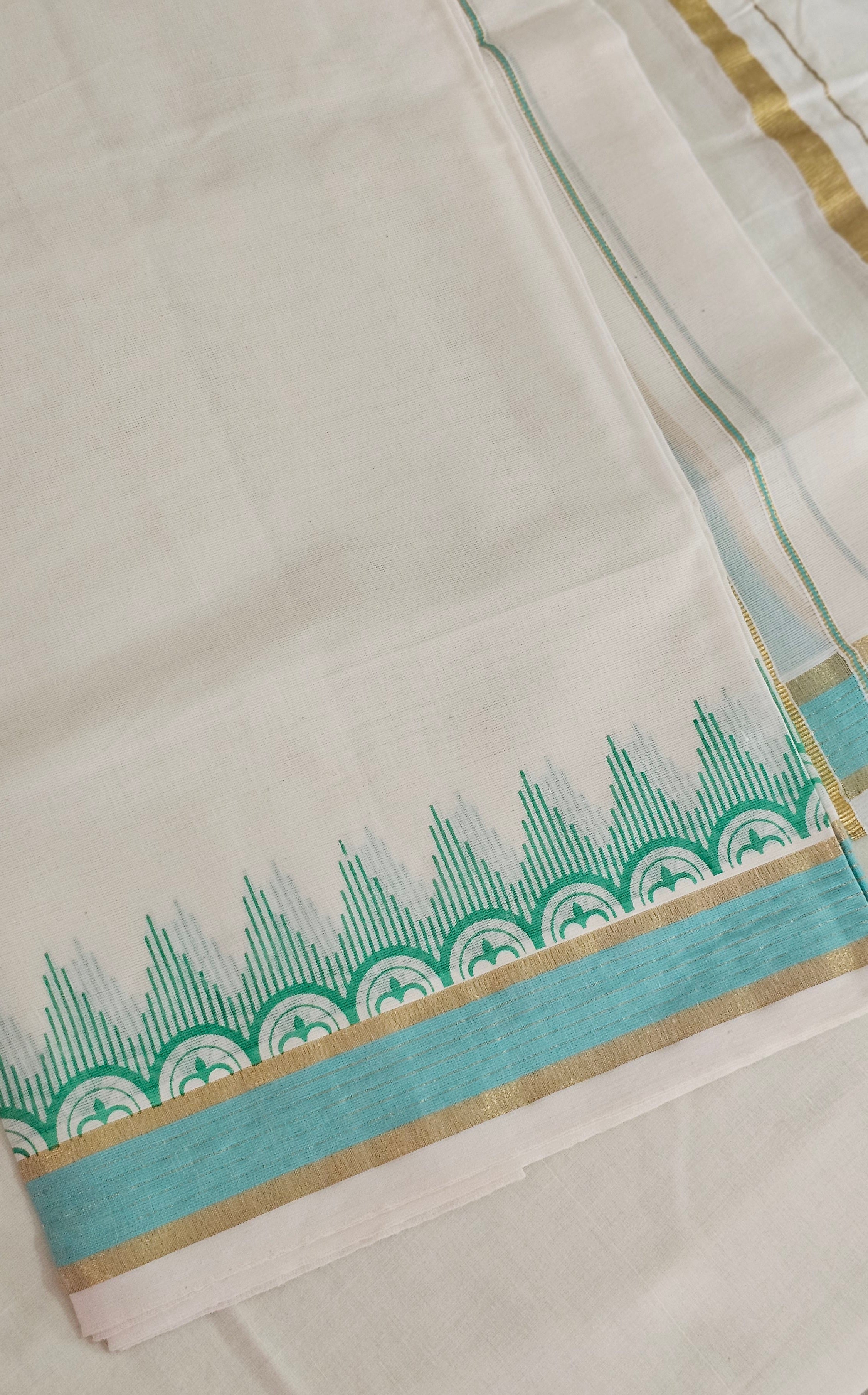 Teal printed set mundu with blouse - KM 405