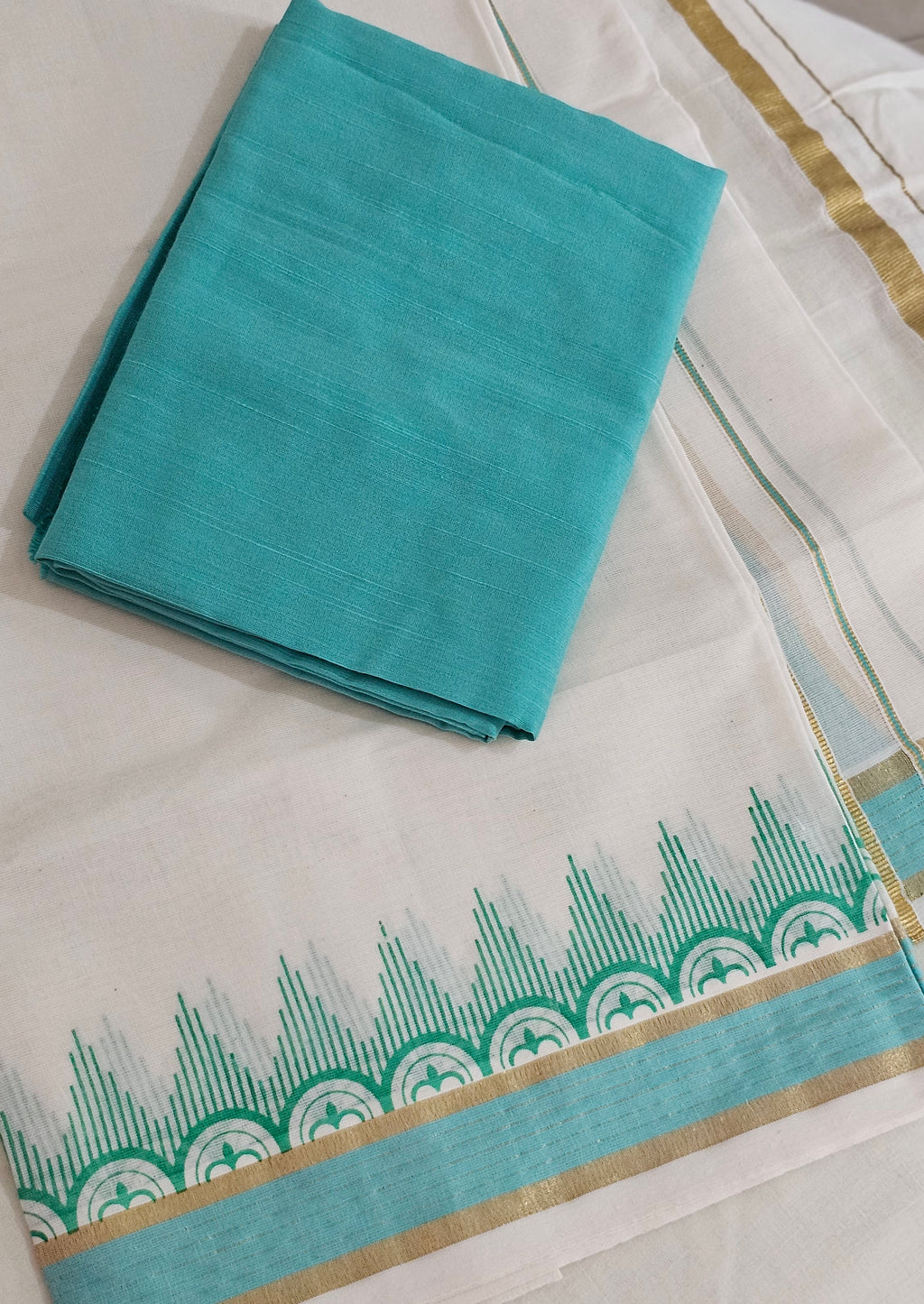 Teal printed set mundu with blouse - KM 405