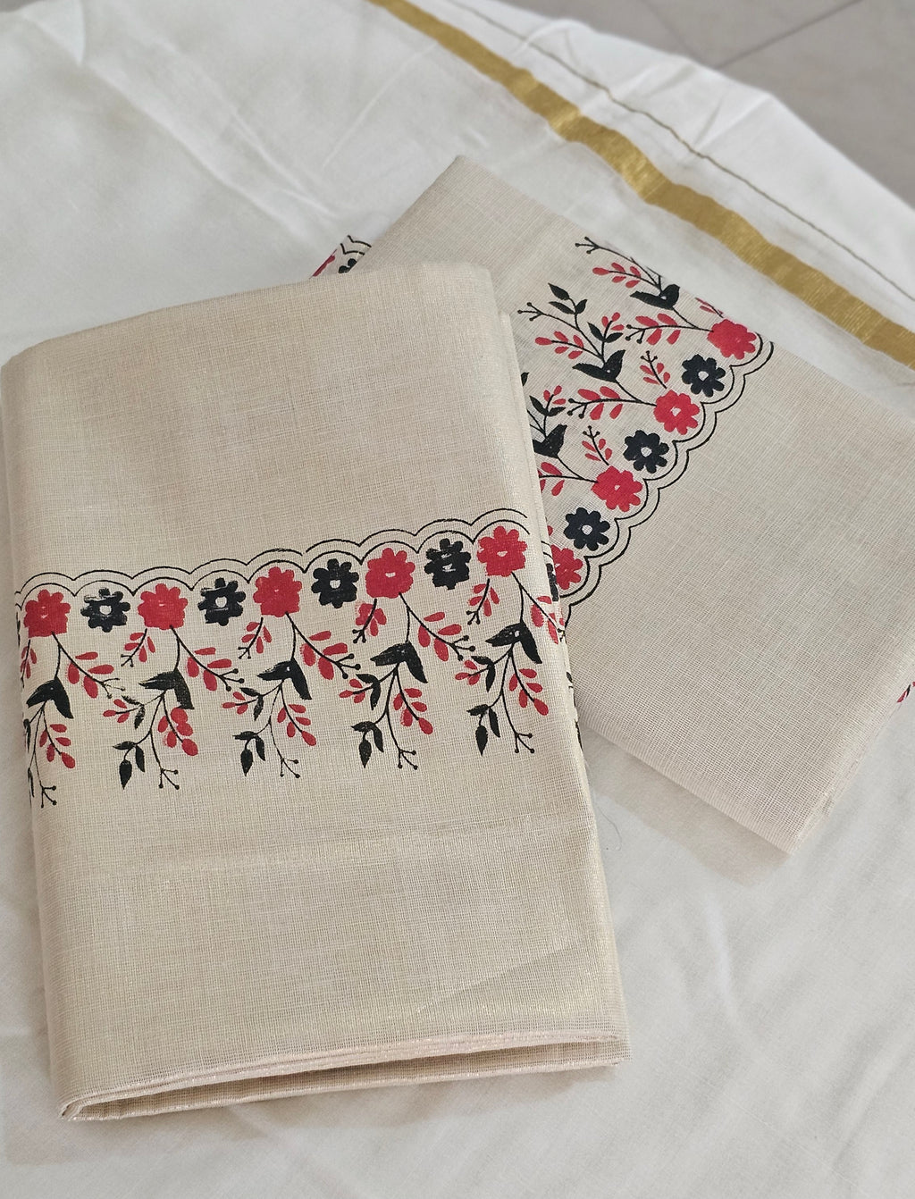Black & red floral print tissue set mundu - KM 402