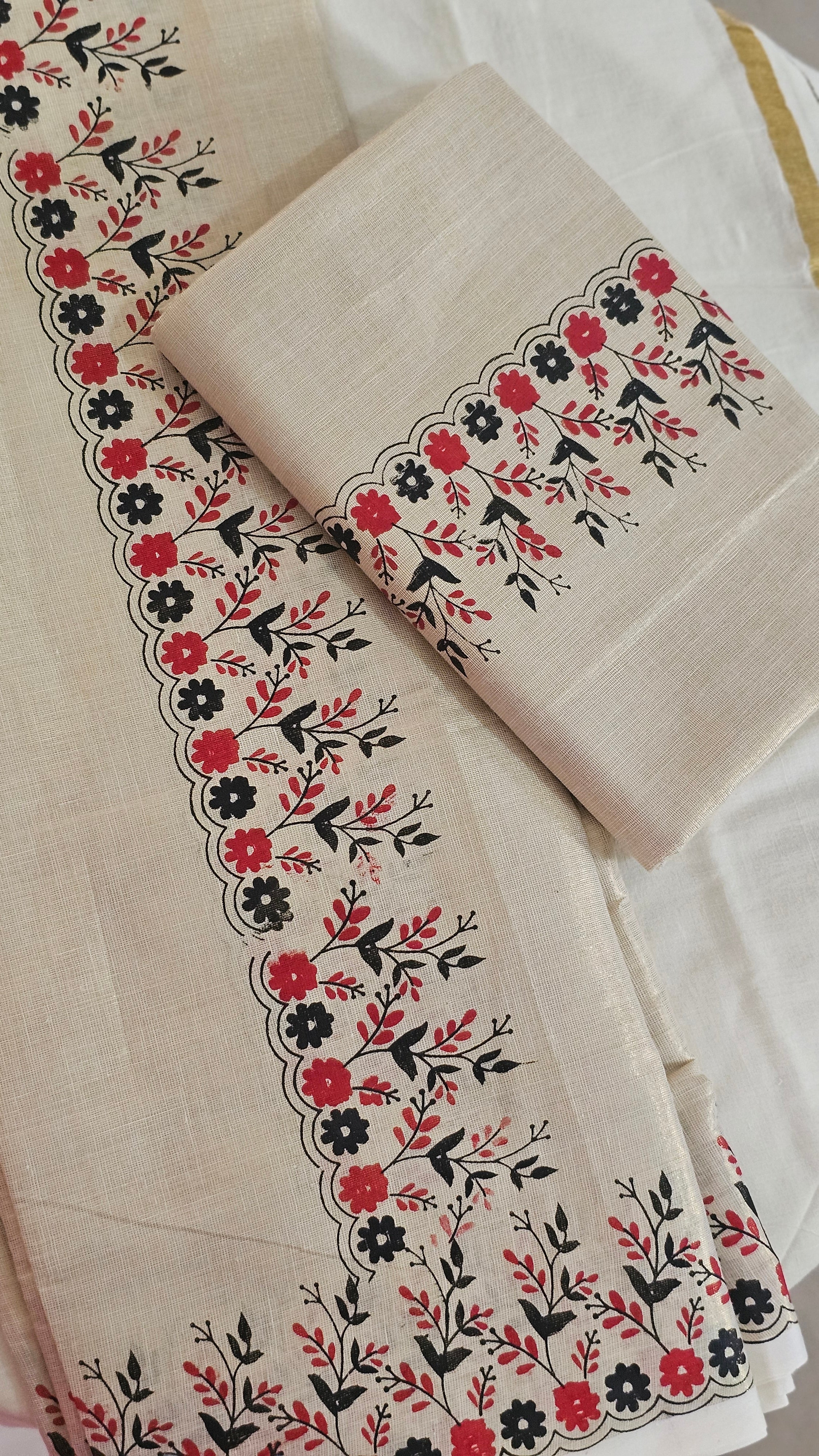 Black & red floral print tissue set mundu - KM 402