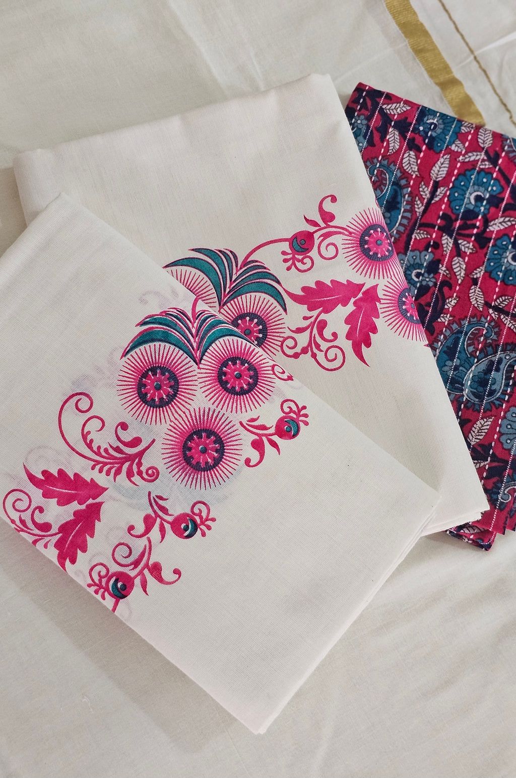 Pink & green printed set mundu with blouse - KM 404