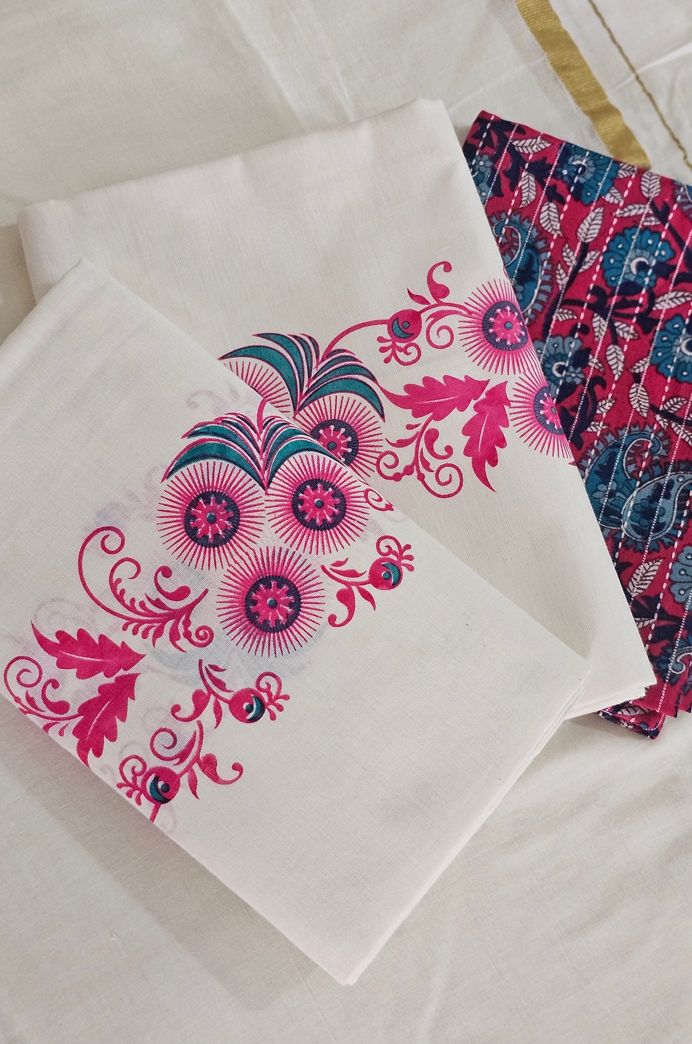 Pink & green printed set mundu with blouse - KM 404
