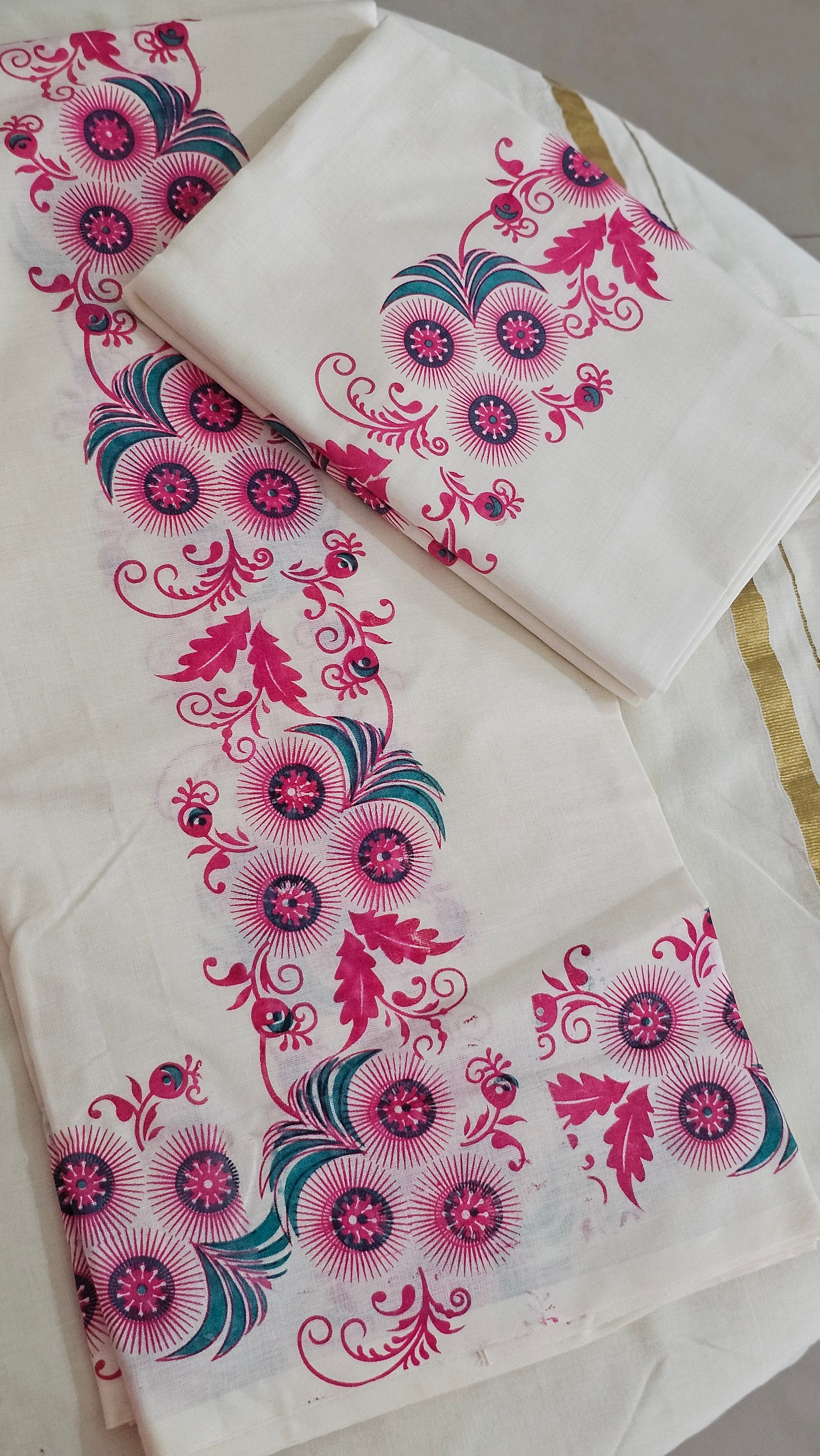 Pink & green printed set mundu with blouse - KM 404