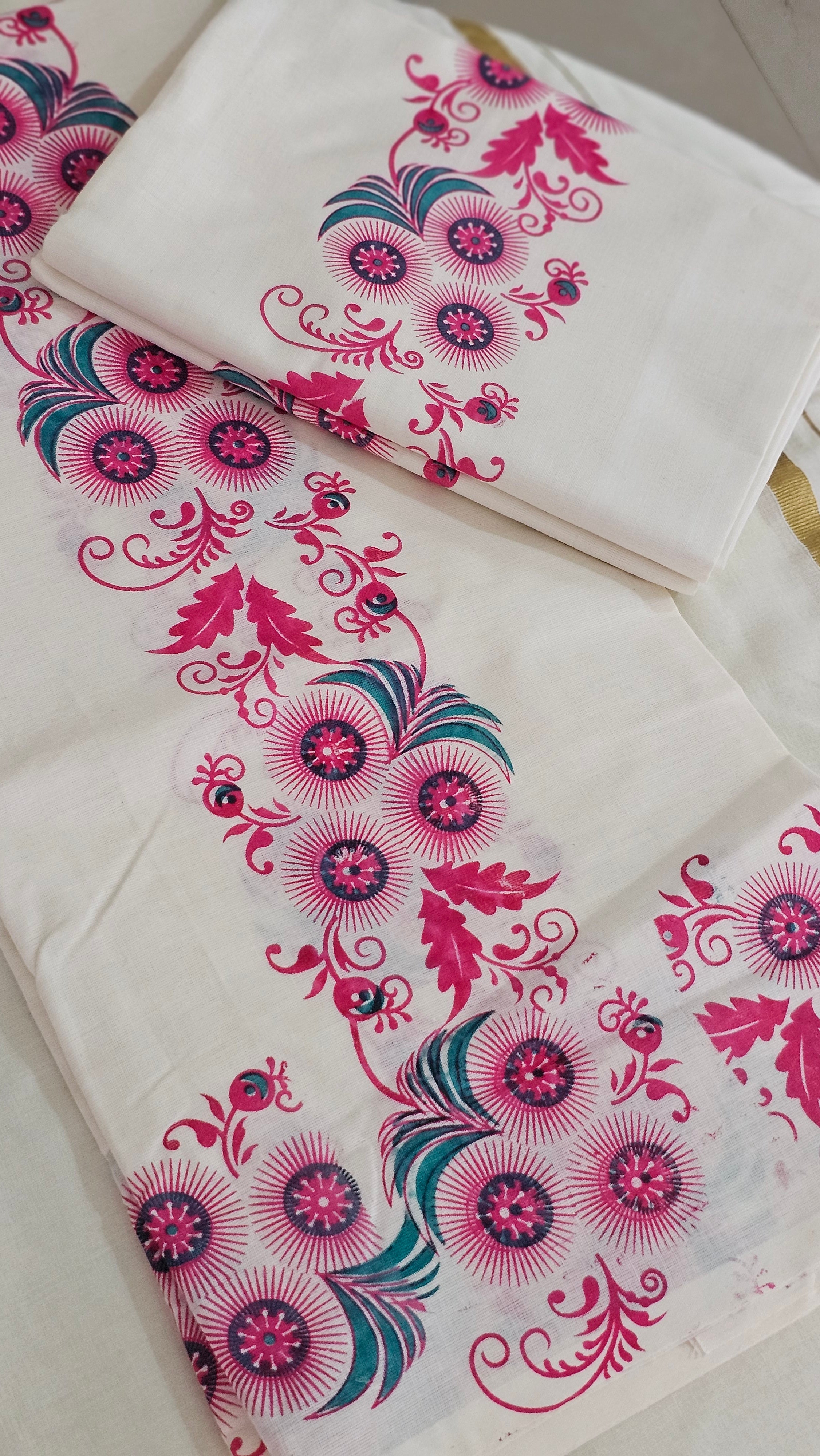 Pink & green printed set mundu with blouse - KM 404