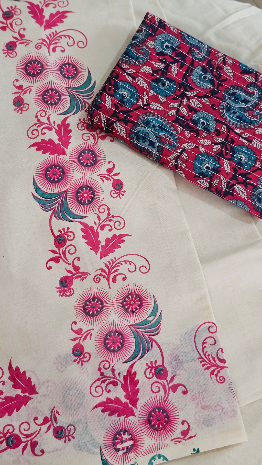 Pink & green printed set mundu with blouse - KM 404
