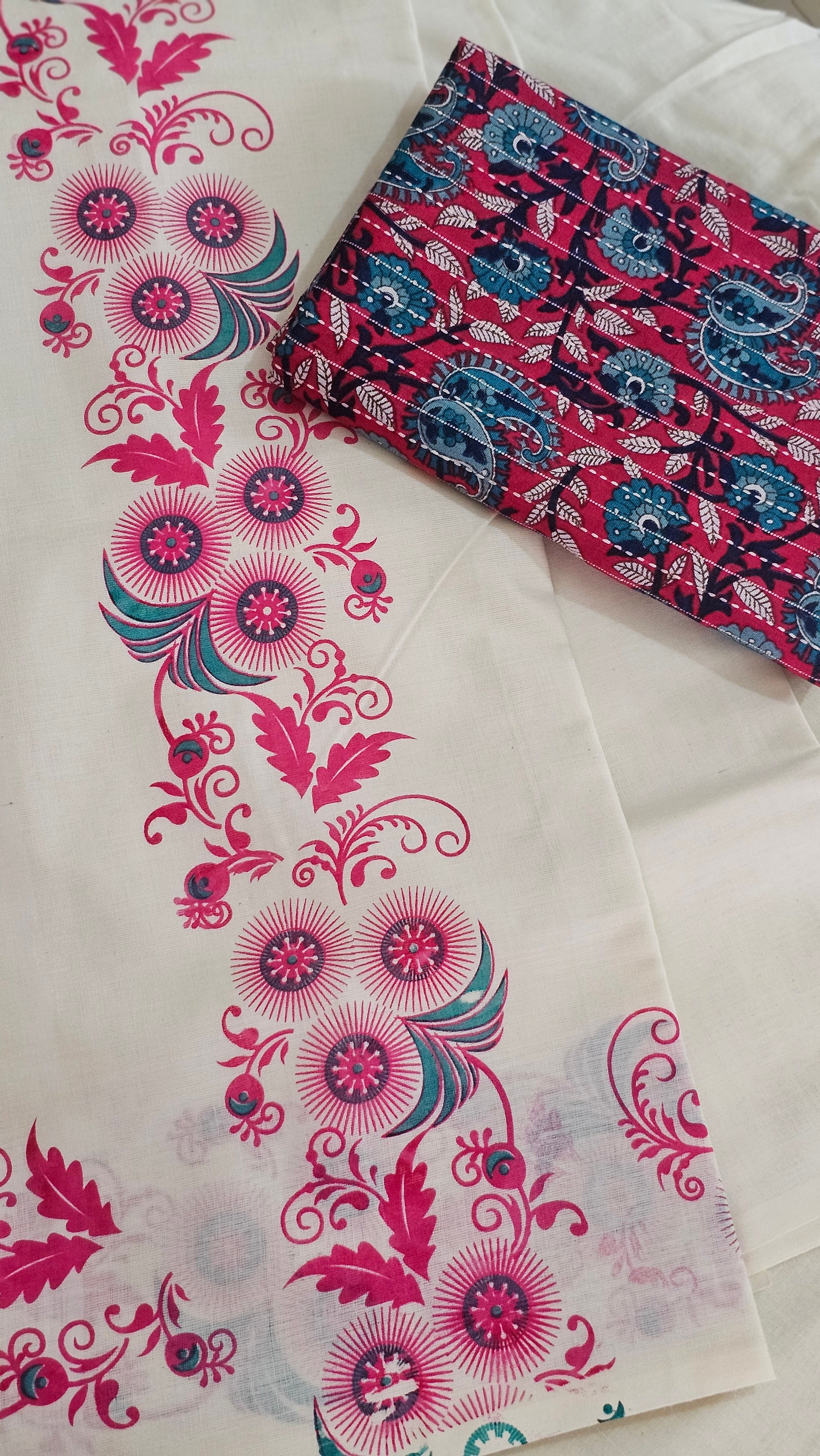 Pink & green printed set mundu with blouse - KM 404