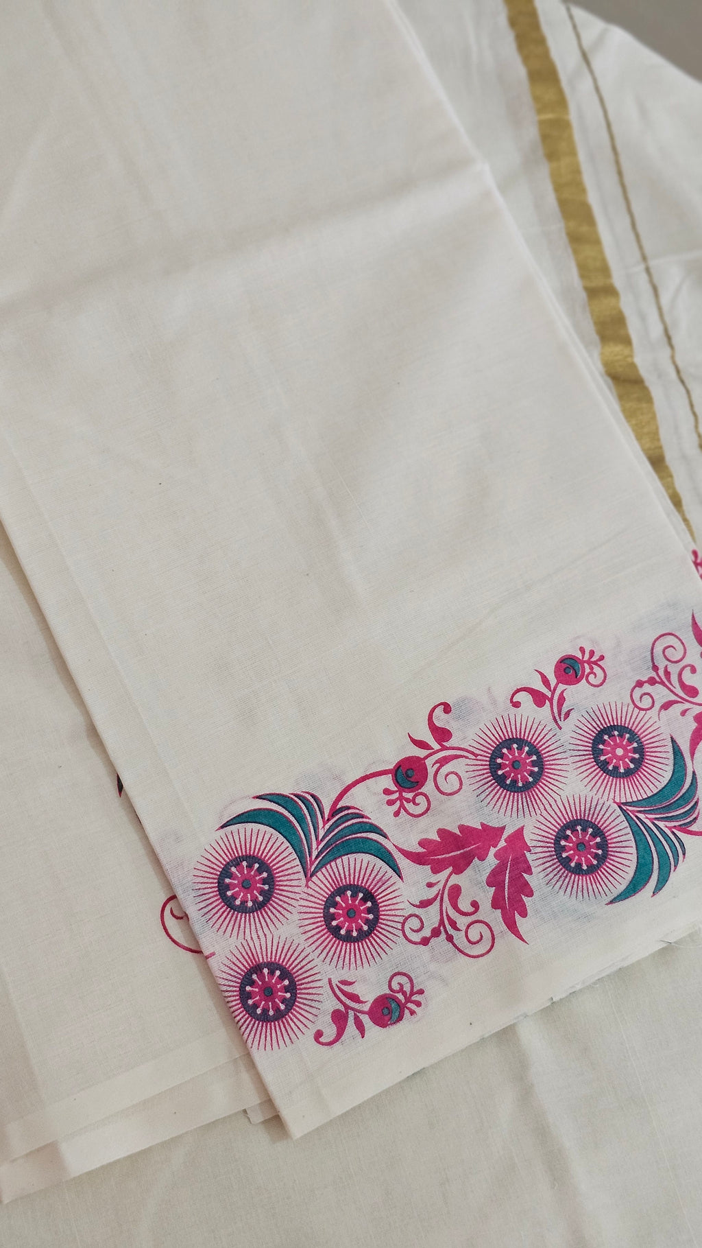 Pink & green printed set mundu with blouse - KM 404
