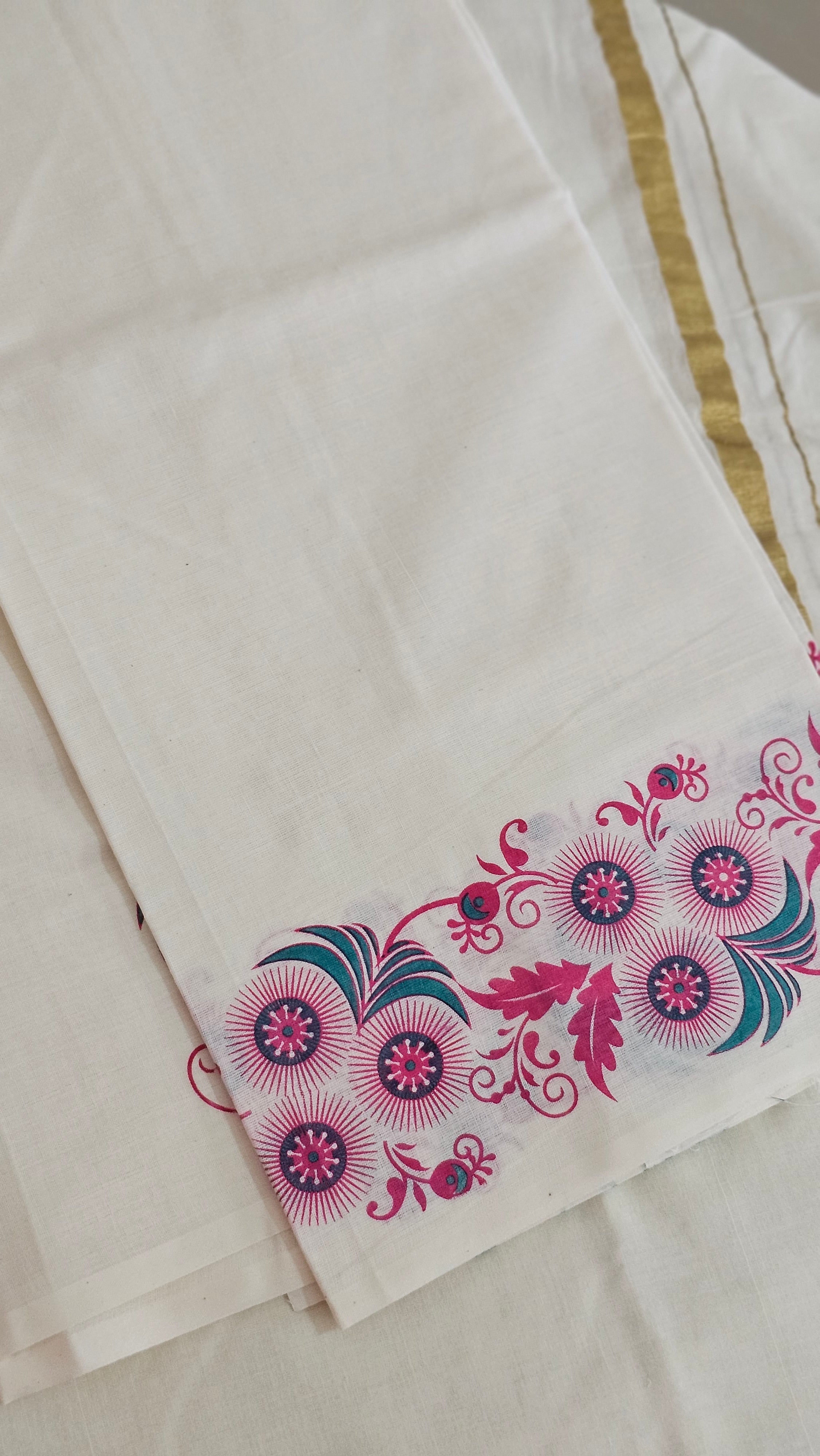 Pink & green printed set mundu with blouse - KM 404