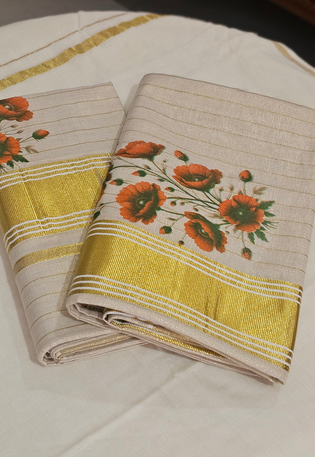 Digital floral printed striped kasavu set mundu - KM 424
