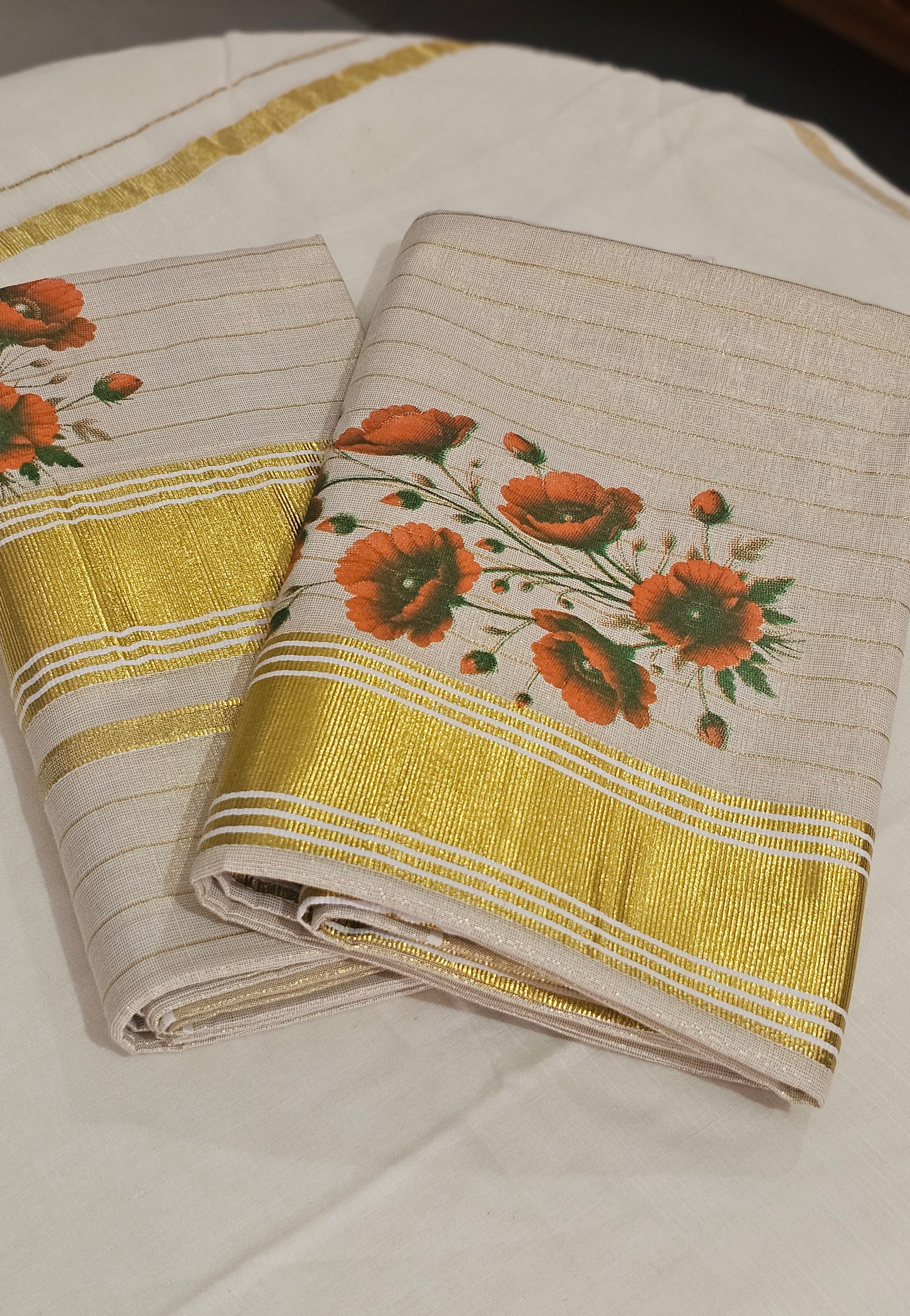 Digital floral printed striped kasavu set mundu - KM 424