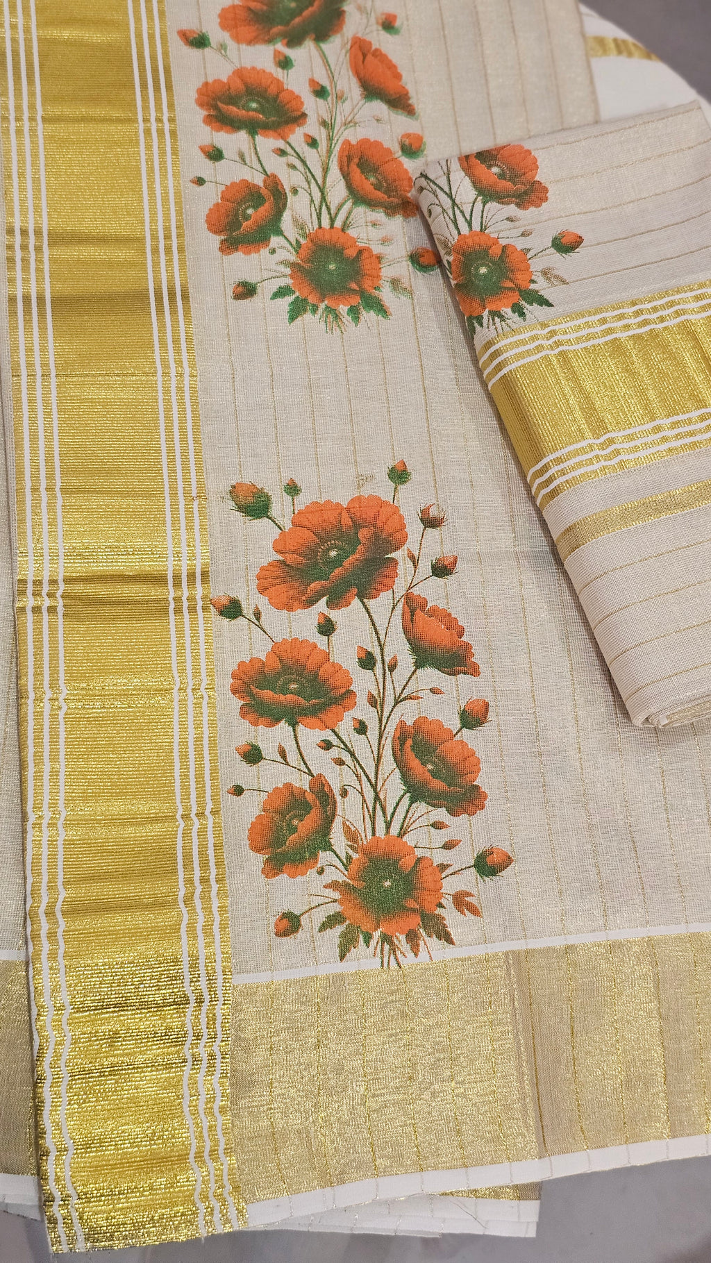 Digital floral printed striped kasavu set mundu - KM 424