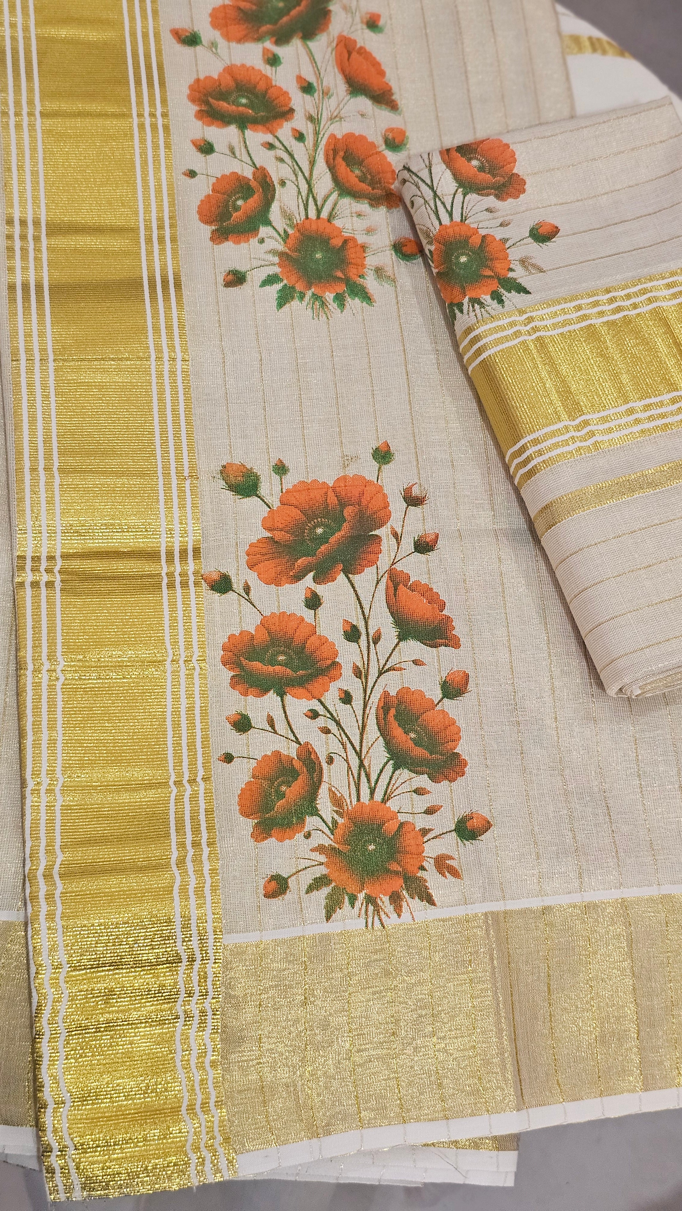 Digital floral printed striped kasavu set mundu - KM 424