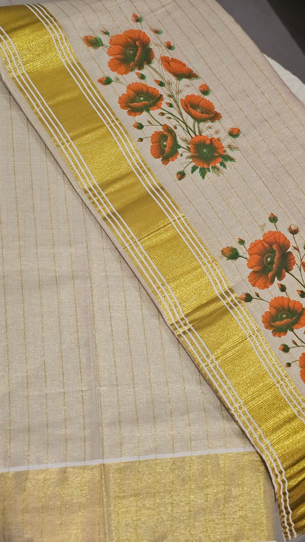 Digital floral printed striped kasavu set mundu - KM 424