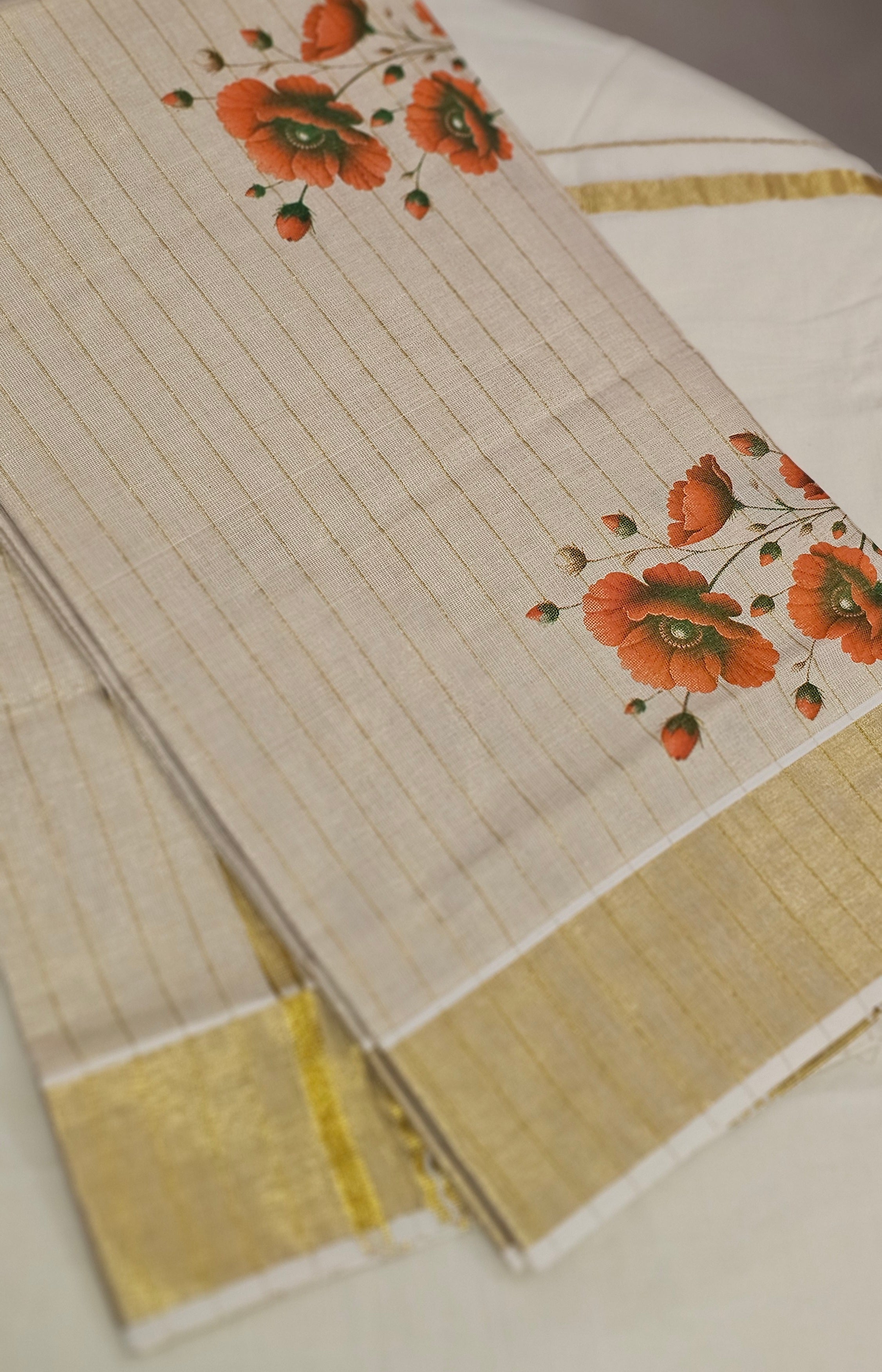 Digital floral printed striped kasavu set mundu - KM 424