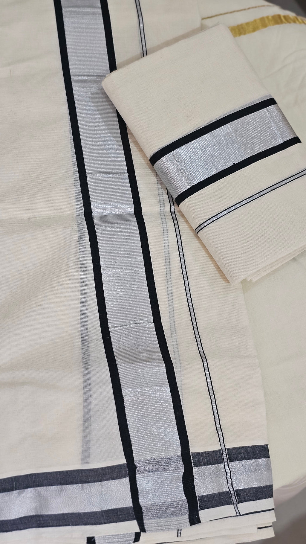 Silver kasavu with black borders set mundu  - KM 409