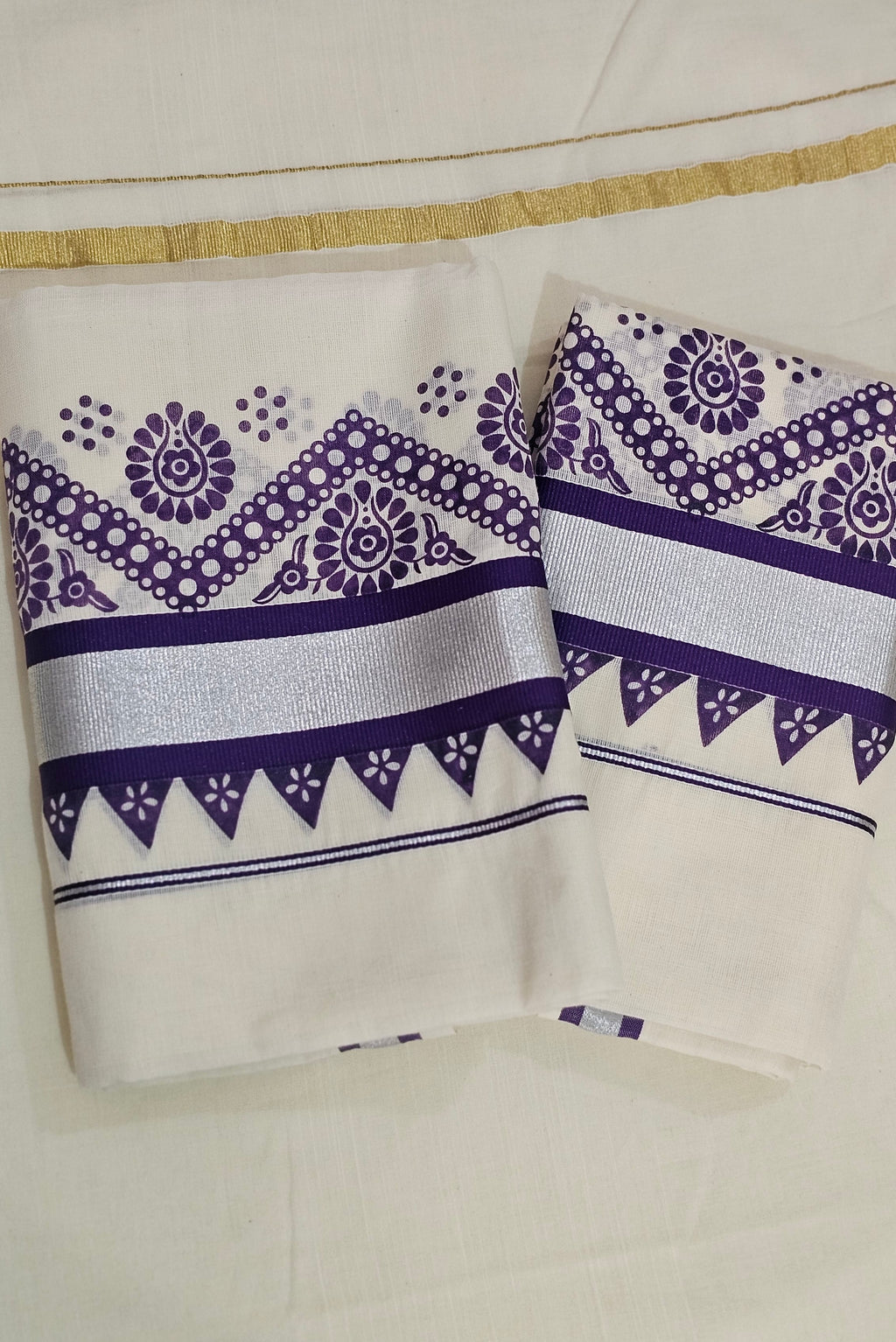 Purple printed silver kasavu set mundu - KM 401