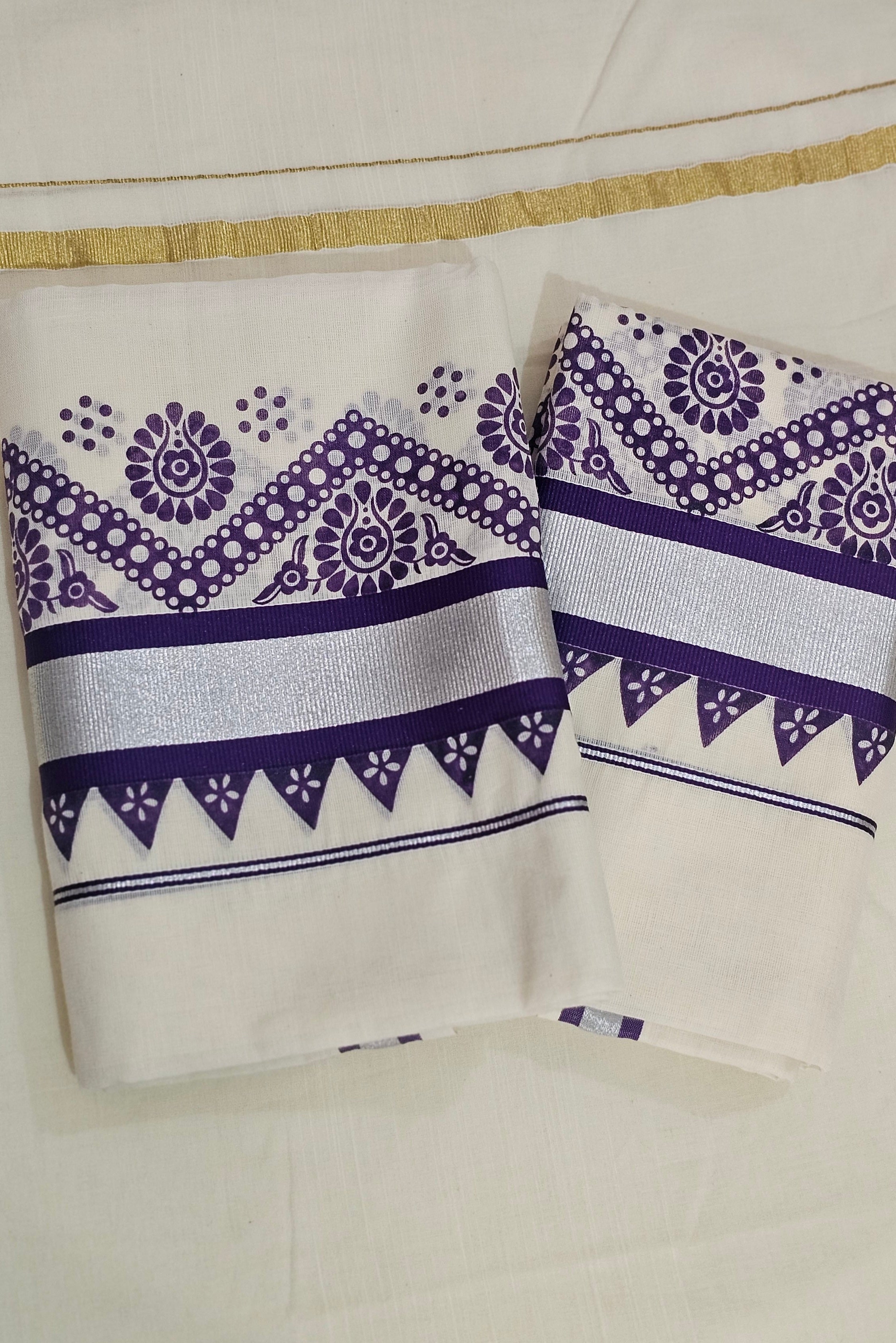 Purple printed silver kasavu set mundu - KM 401
