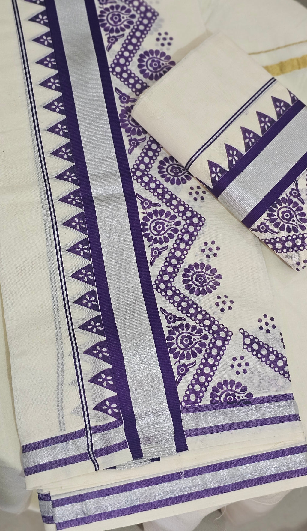 Purple printed silver kasavu set mundu - KM 401