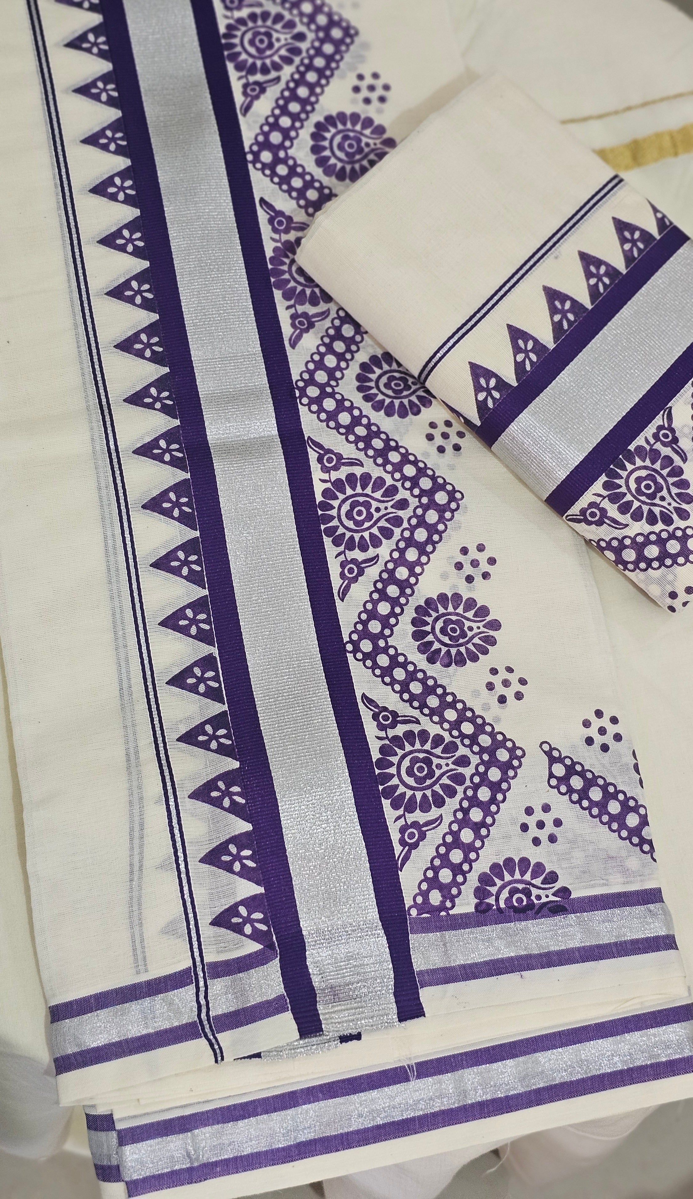 Purple printed silver kasavu set mundu - KM 401