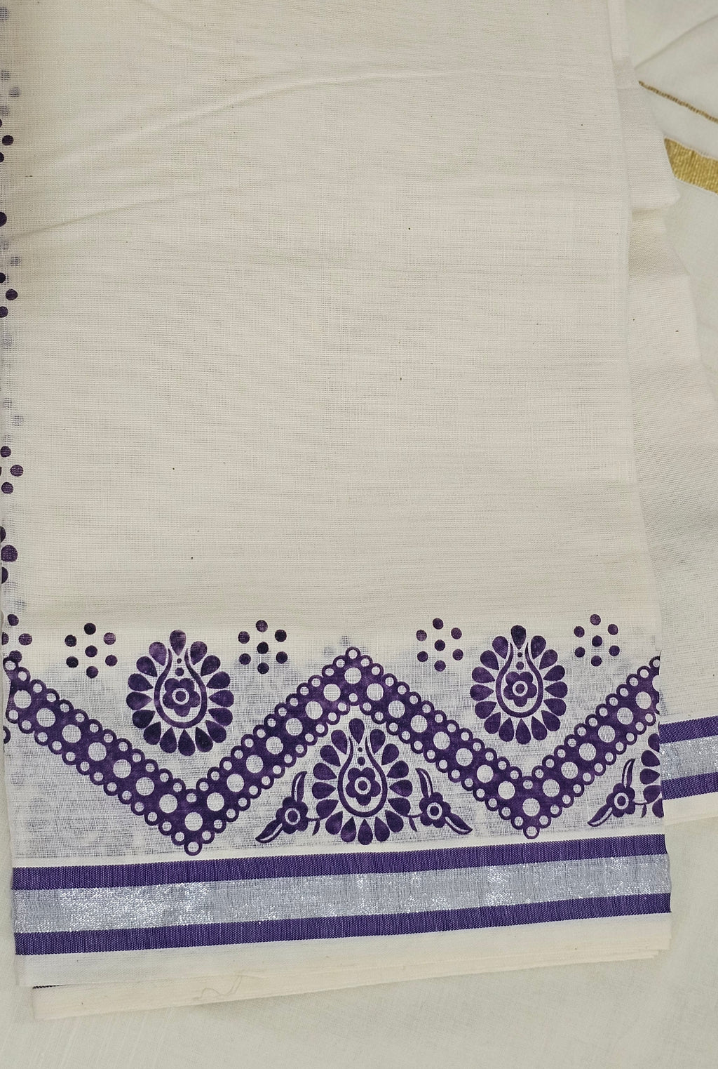 Purple printed silver kasavu set mundu - KM 401