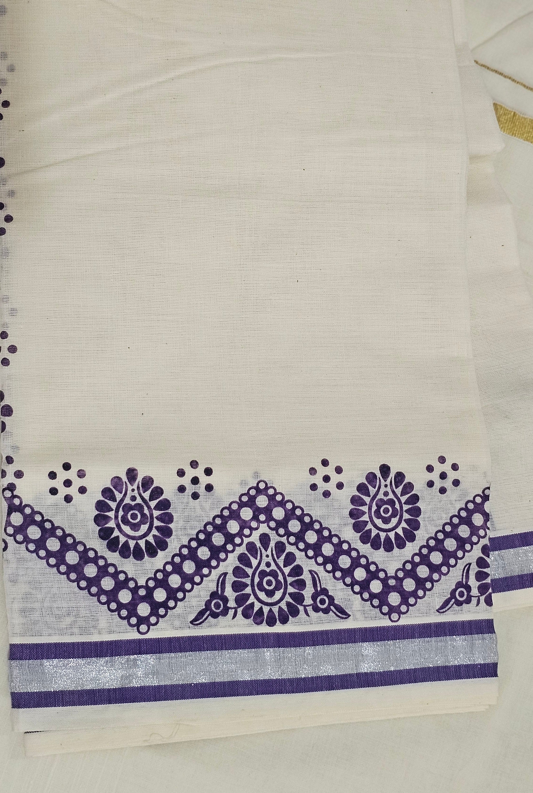 Purple printed silver kasavu set mundu - KM 401