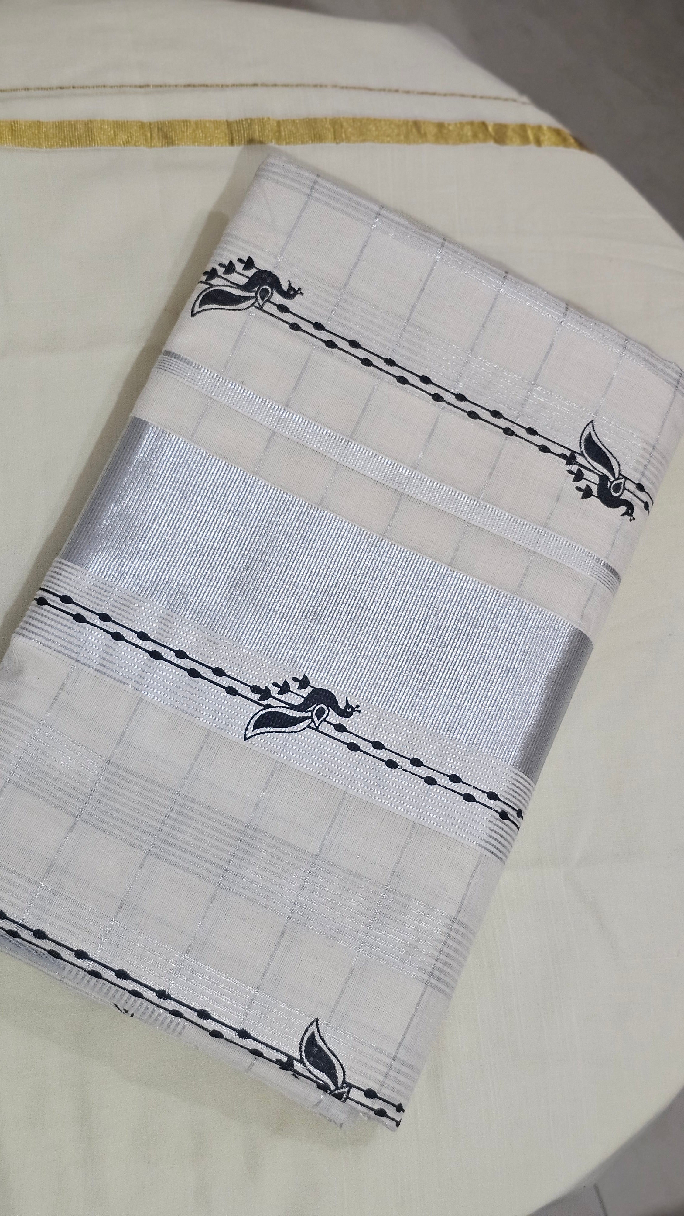 Silver check saree with silver kasavu & black prints- KM 420